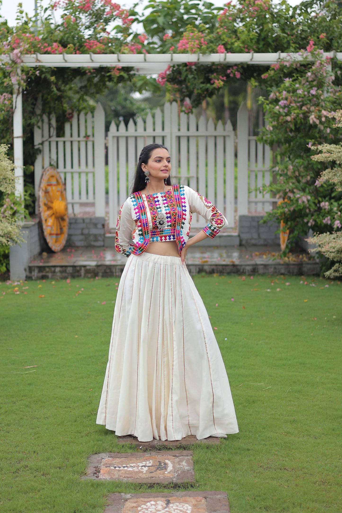 Lorenvalley Fashion White Roman Silk with Attractive Gota-Patti Lace Lehenga Choli | Swadesiicart