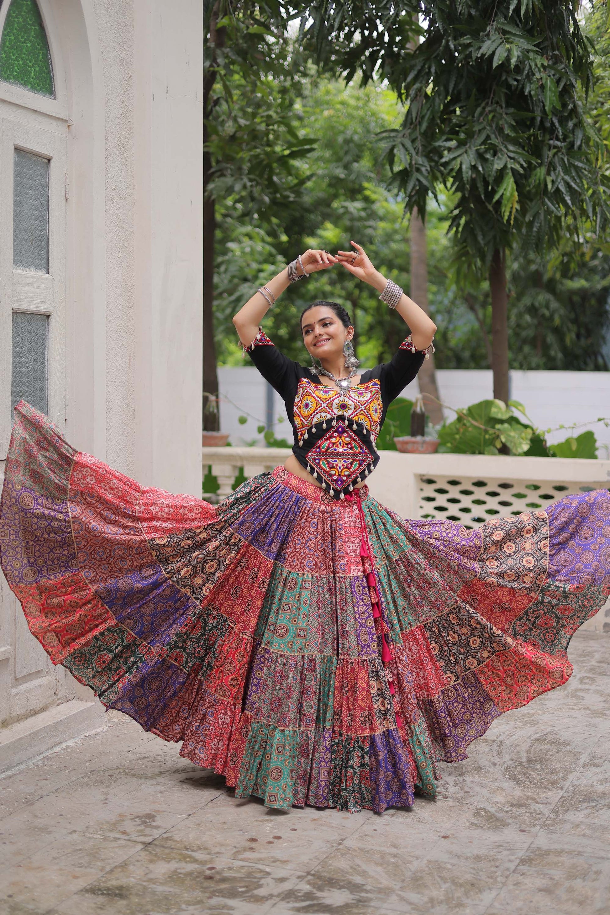 Lorenvalley Fashion Multicolor Cotton Print with With Gotta lace Work Lehenga Choli | Swadesiicart