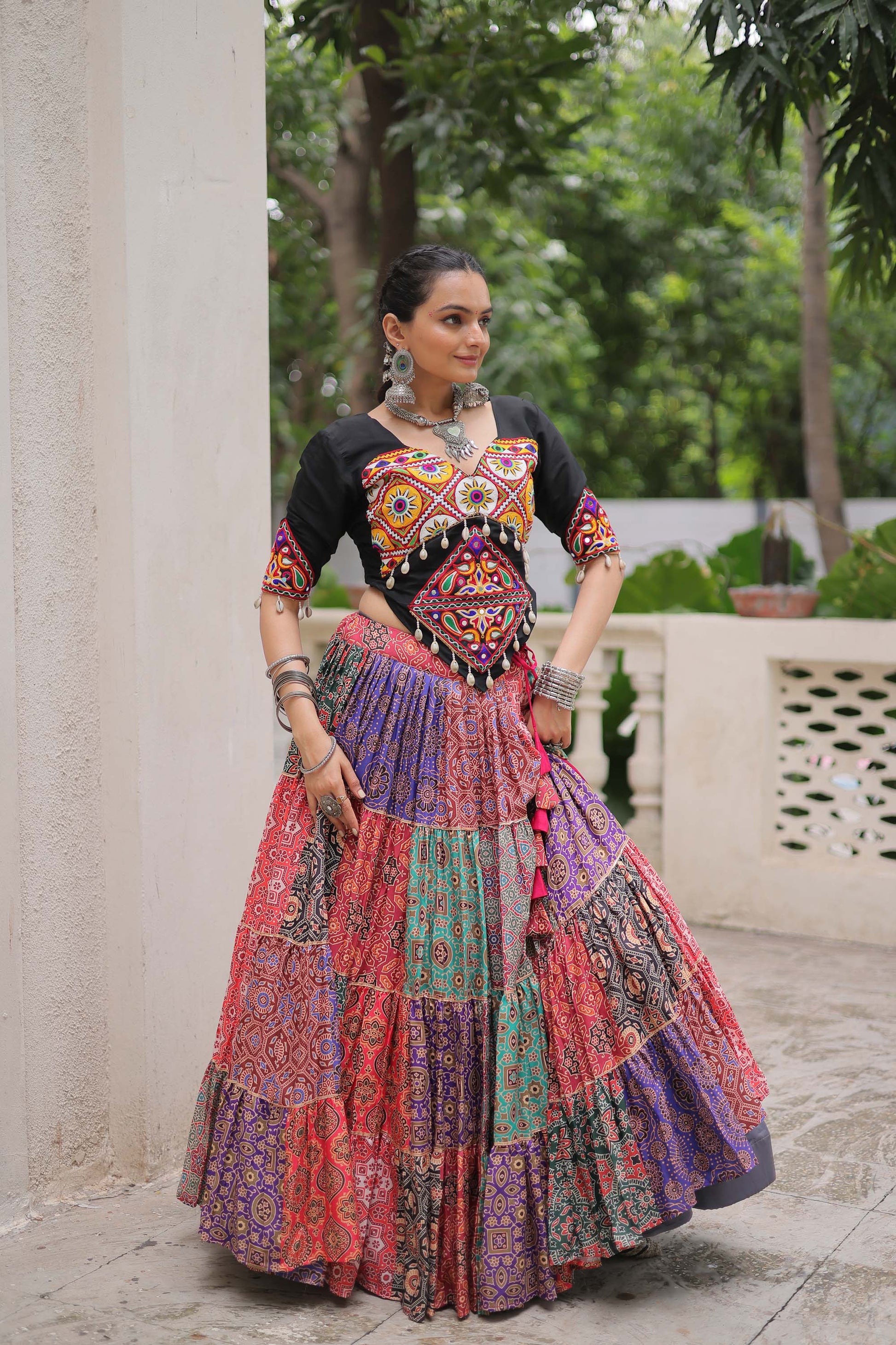 Lorenvalley Fashion Multicolor Cotton Print with With Gotta lace Work Lehenga Choli | Swadesiicart