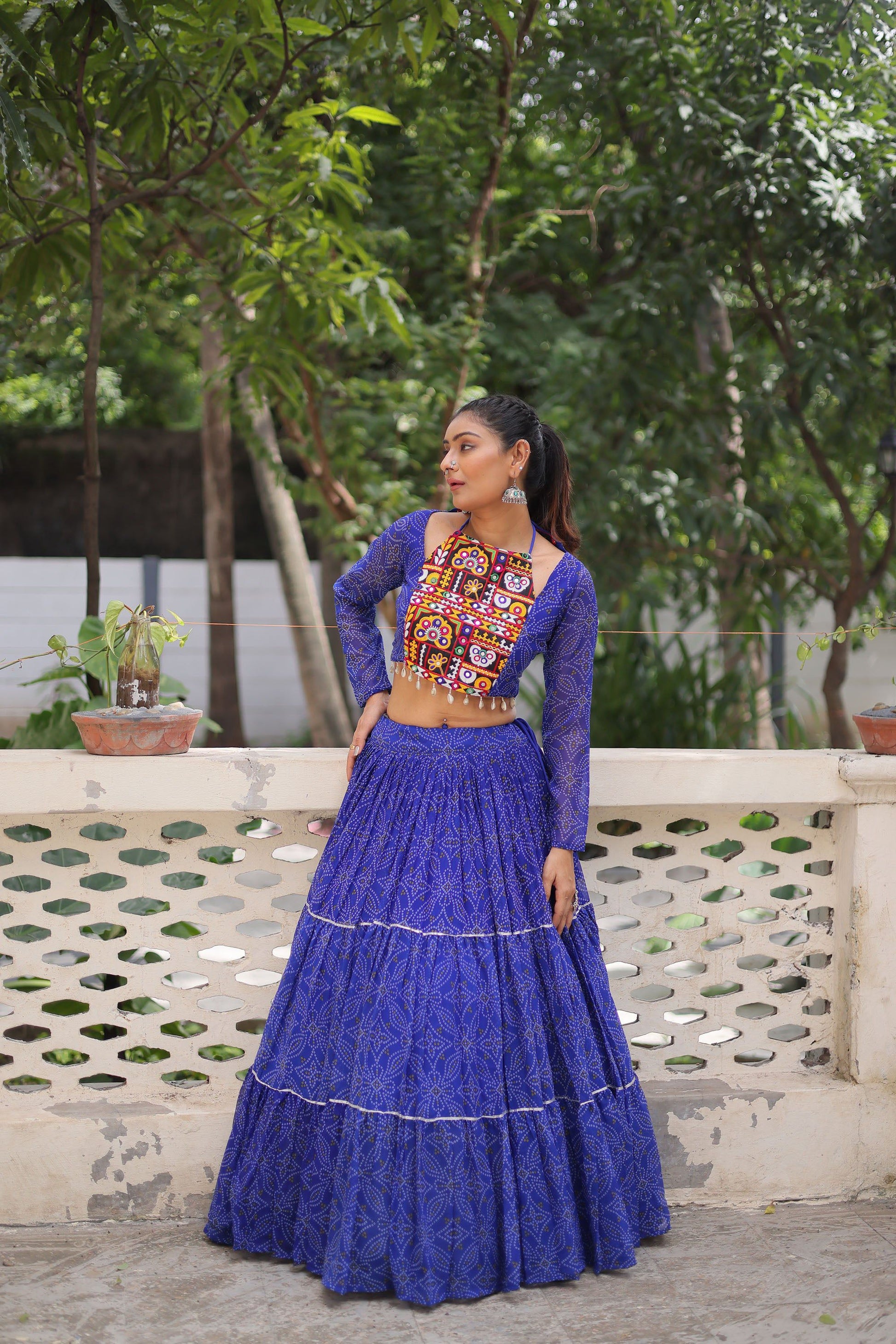 Lorenvalley Fashion Blue Faux Georgette Bandhej Print with Gotta Patti Lace Work Lehenga Choli | Swadesiicart