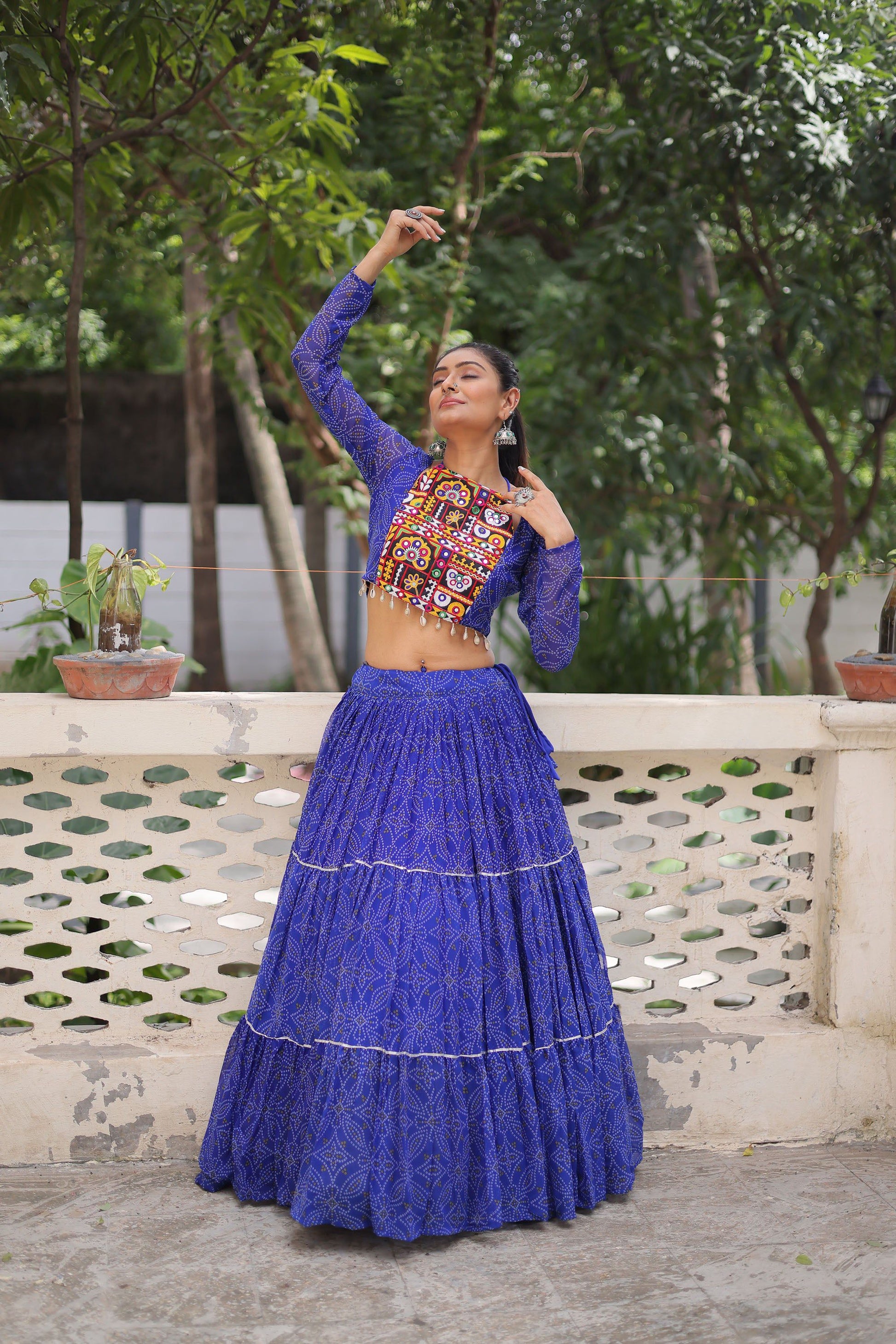 Lorenvalley Fashion Blue Faux Georgette Bandhej Print with Gotta Patti Lace Work Lehenga Choli | Swadesiicart