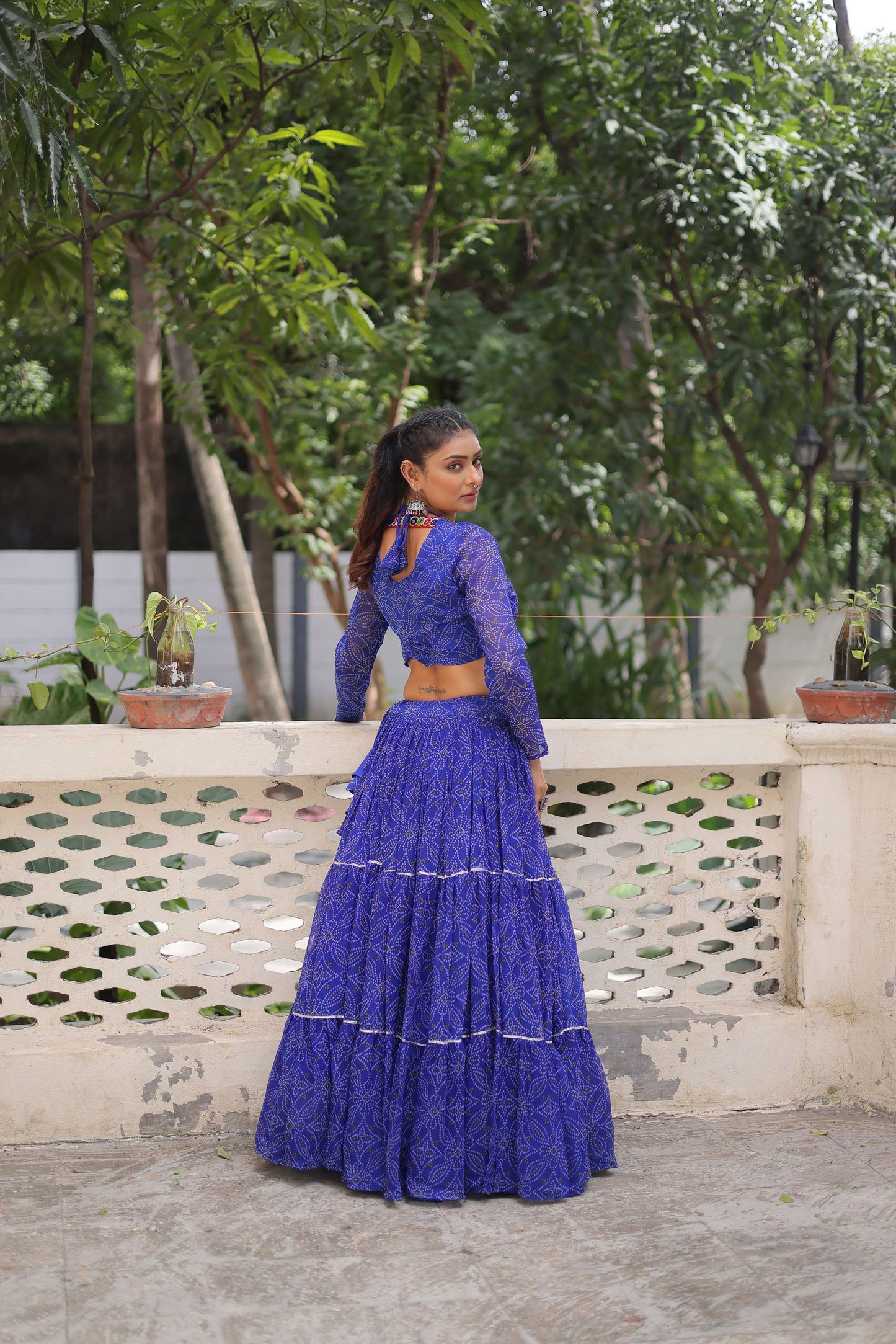 Lorenvalley Fashion Blue Faux Georgette Bandhej Print with Gotta Patti Lace Work Lehenga Choli | Swadesiicart