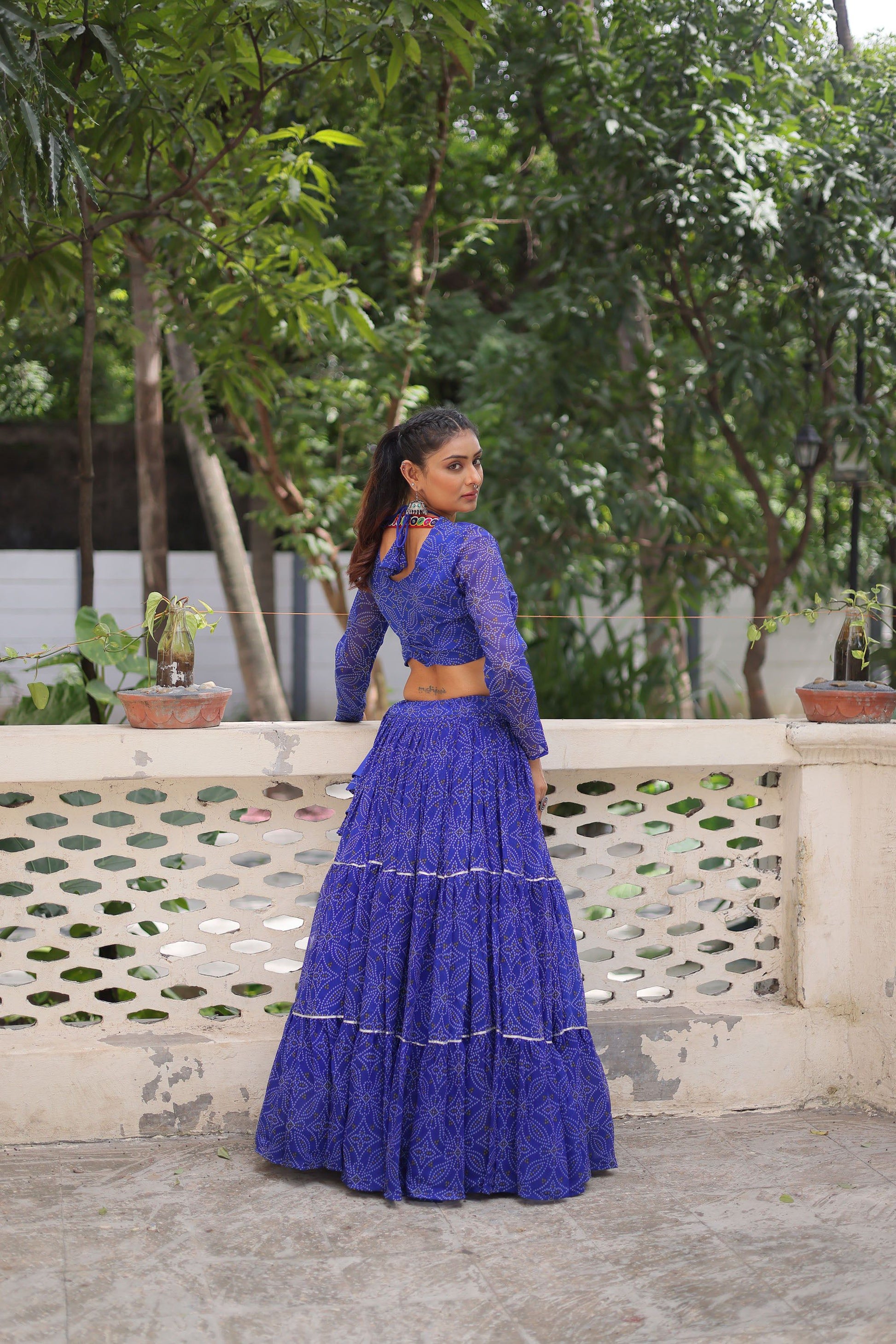 Lorenvalley Fashion Blue Faux Georgette Bandhej Print with Gotta Patti Lace Work Lehenga Choli | Swadesiicart