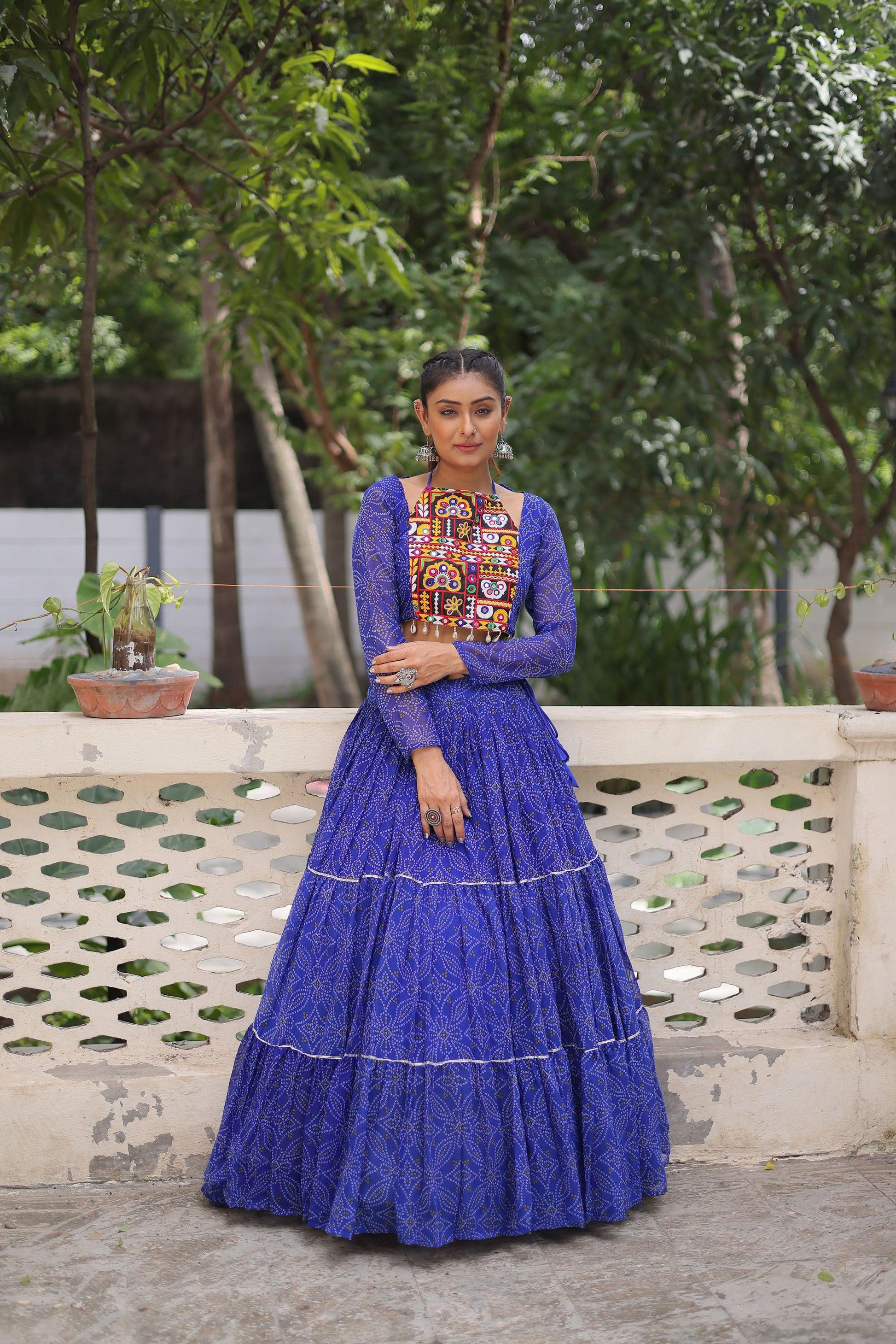 Lorenvalley Fashion Blue Faux Georgette Bandhej Print with Gotta Patti Lace Work Lehenga Choli | Swadesiicart