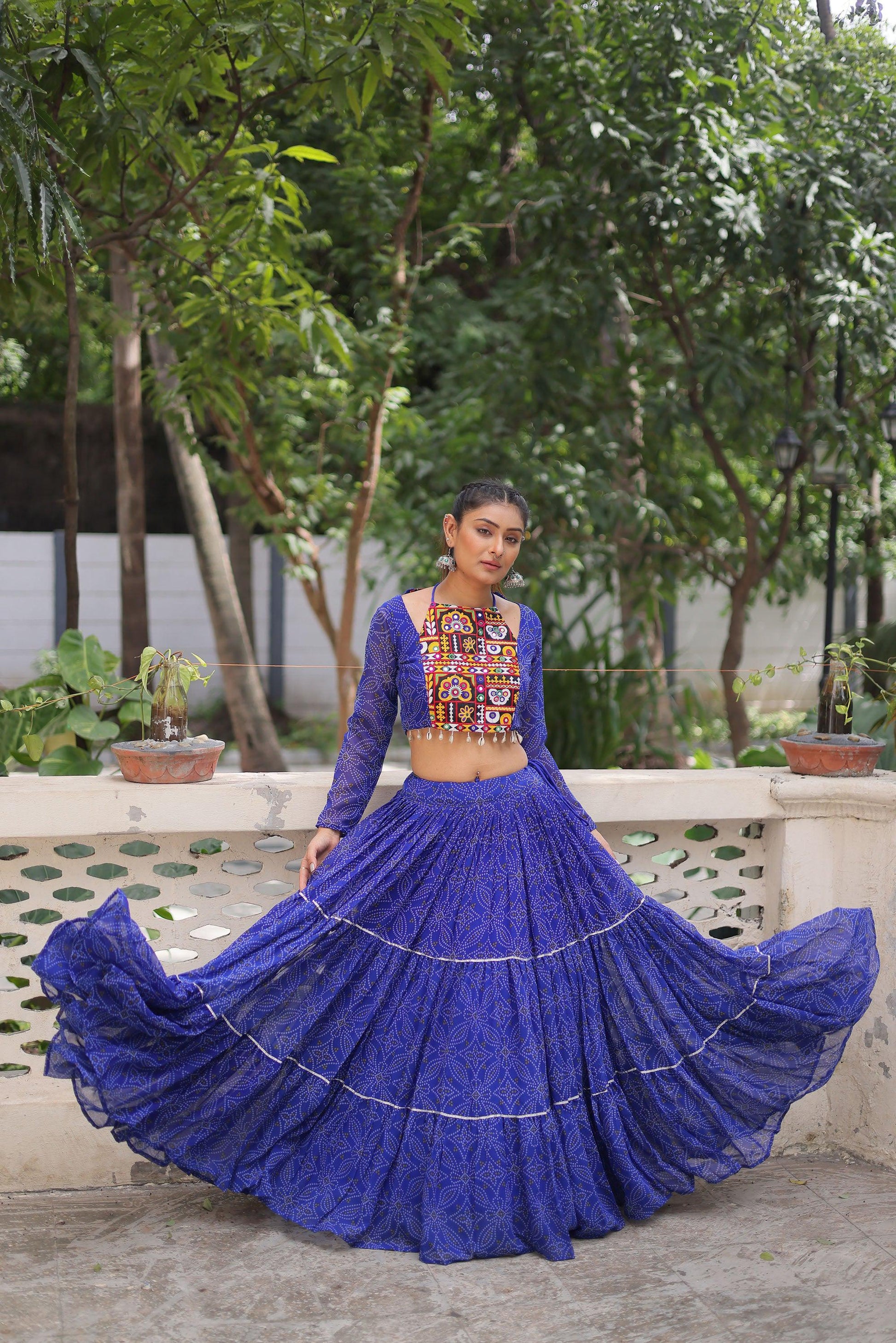 Lorenvalley Fashion Blue Faux Georgette Bandhej Print with Gotta Patti Lace Work Lehenga Choli | Swadesiicart