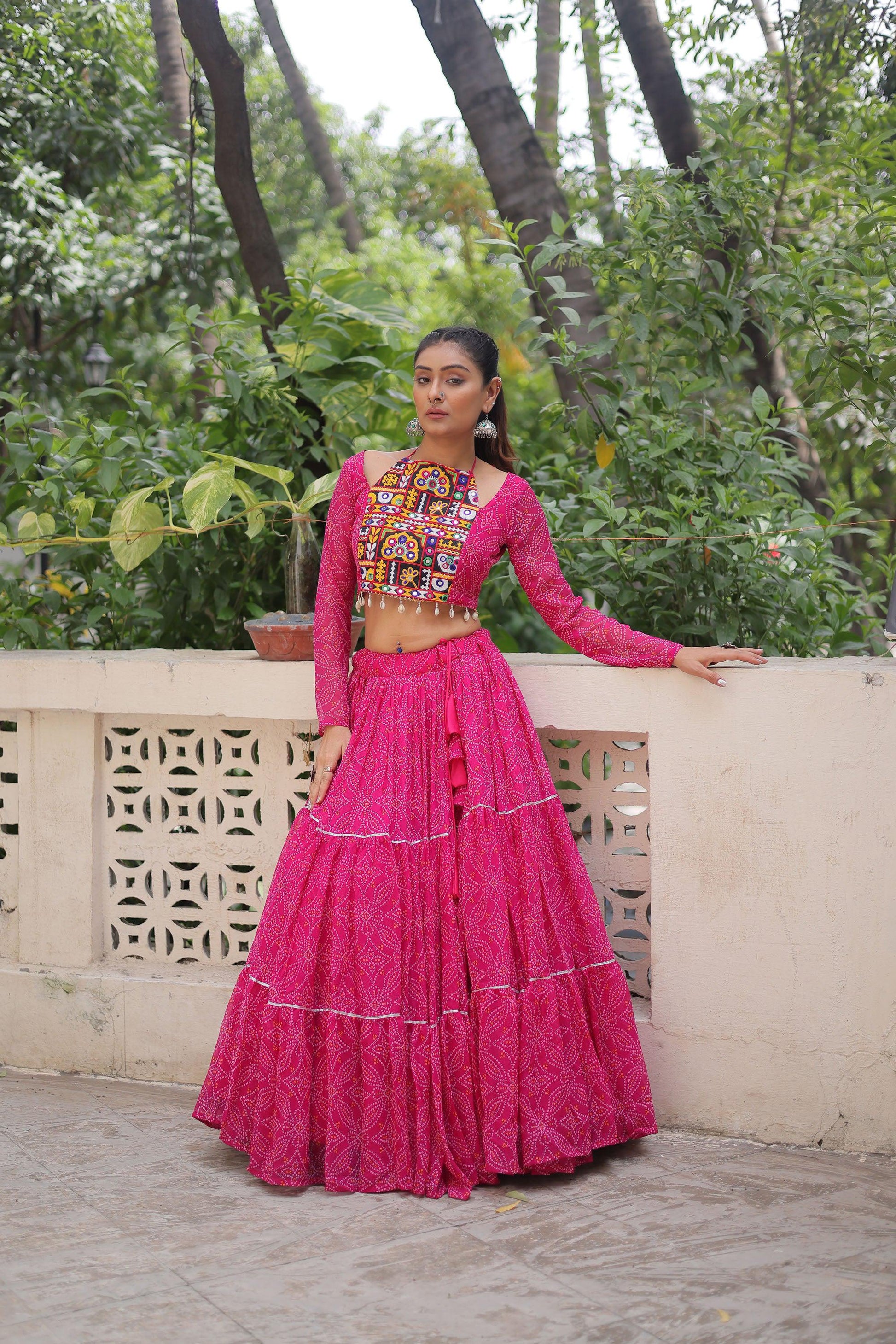 Lorenvalley Fashion Pink Faux Georgette Bandhej Print with Gotta Patti Lace Work Lehenga Choli | Swadesiicart