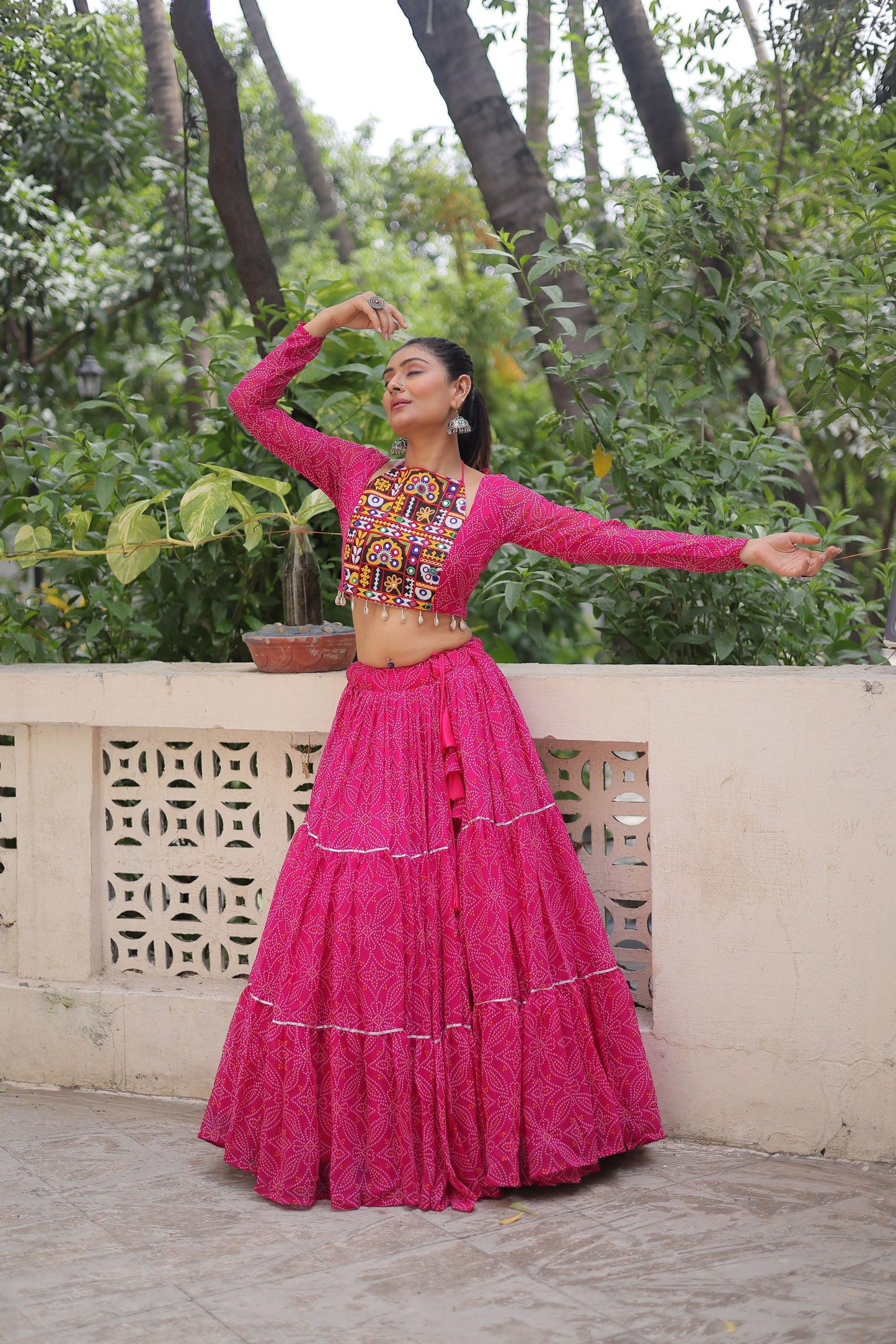 Lorenvalley Fashion Pink Faux Georgette Bandhej Print with Gotta Patti Lace Work Lehenga Choli | Swadesiicart
