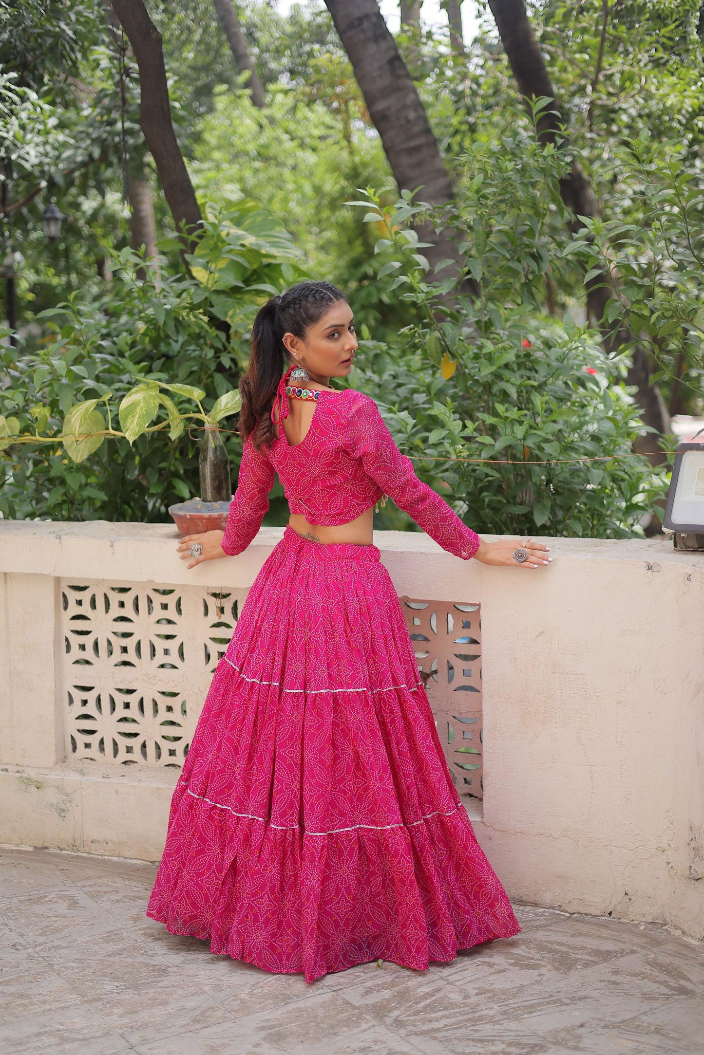 Lorenvalley Fashion Pink Faux Georgette Bandhej Print with Gotta Patti Lace Work Lehenga Choli | Swadesiicart