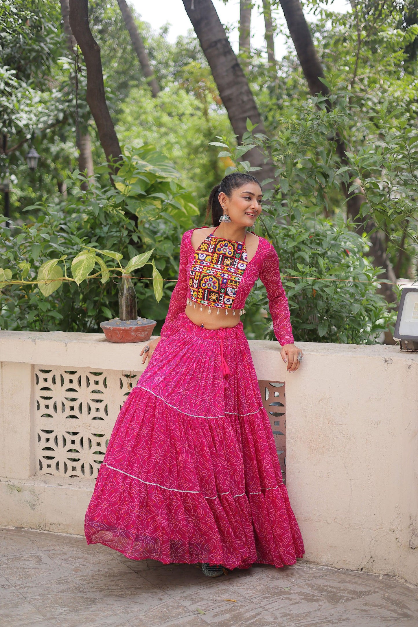 Lorenvalley Fashion Pink Faux Georgette Bandhej Print with Gotta Patti Lace Work Lehenga Choli | Swadesiicart