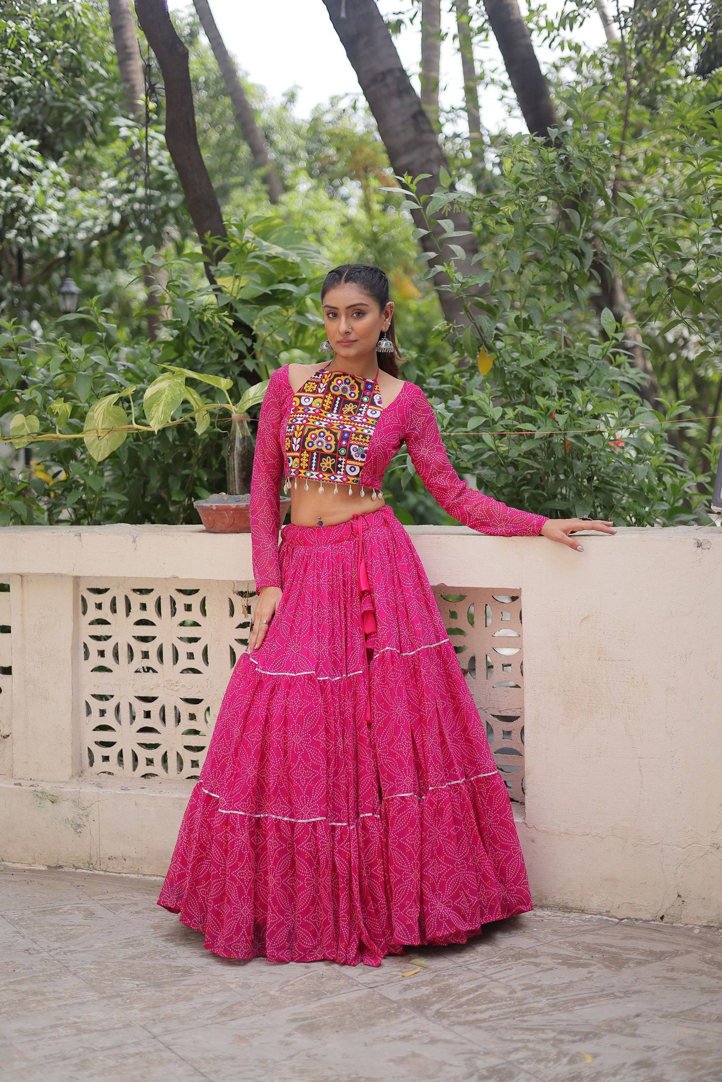 Lorenvalley Fashion Pink Faux Georgette Bandhej Print with Gotta Patti Lace Work Lehenga Choli | Swadesiicart