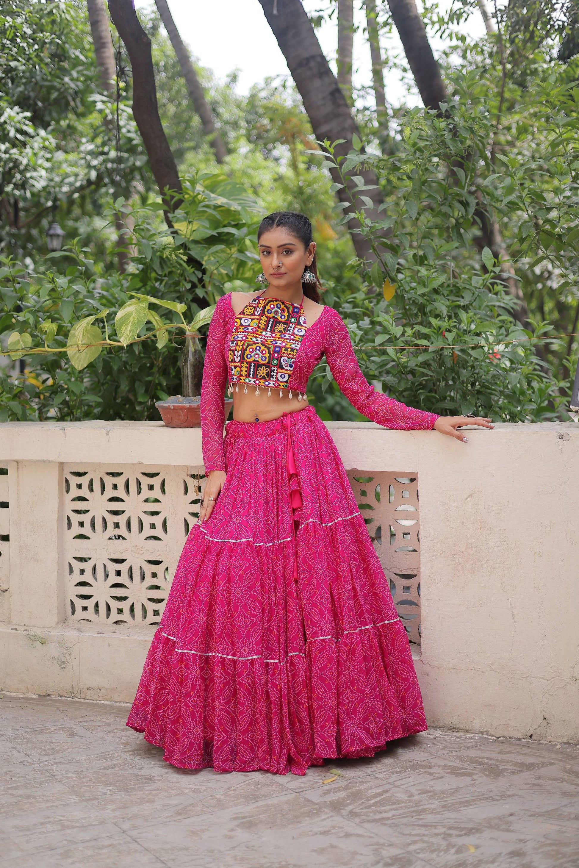 Lorenvalley Fashion Pink Faux Georgette Bandhej Print with Gotta Patti Lace Work Lehenga Choli | Swadesiicart