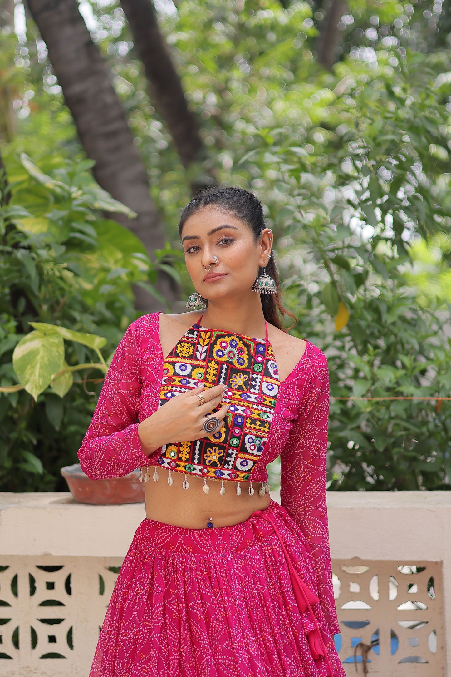 Lorenvalley Fashion Pink Faux Georgette Bandhej Print with Gotta Patti Lace Work Lehenga Choli | Swadesiicart