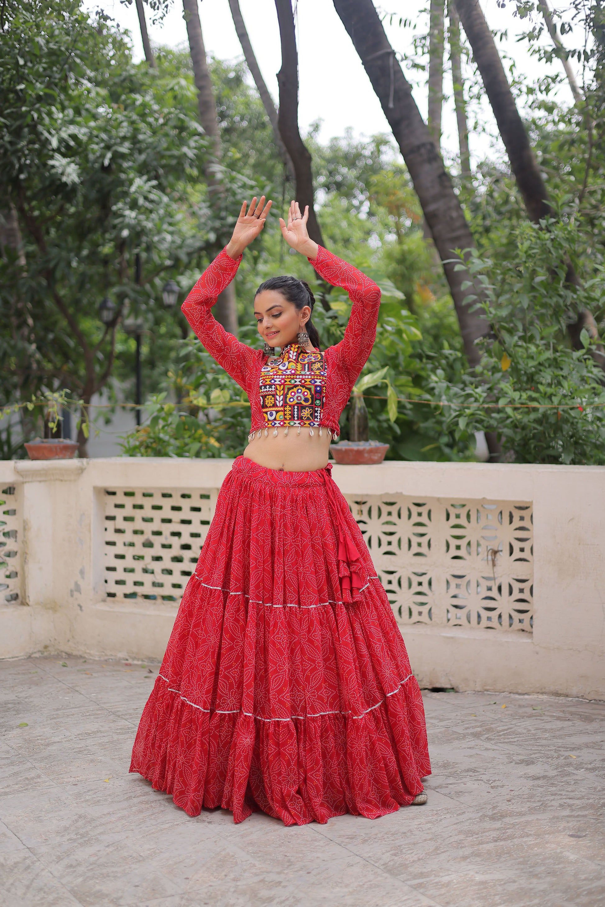 Lorenvalley Fashion Red Faux Georgette Bandhej Print with Gotta Patti Lace Work Lehenga Choli | Swadesiicart