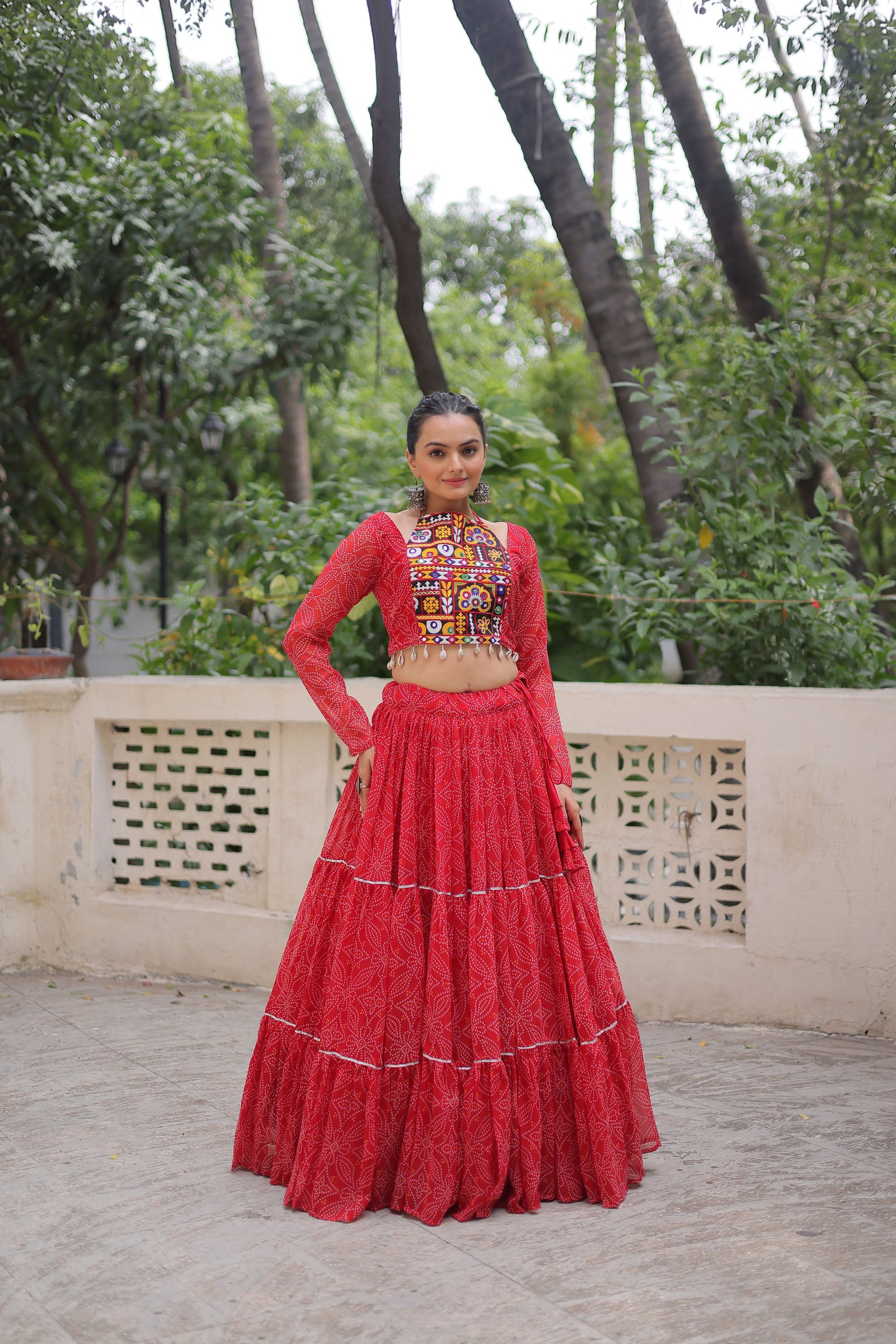 Lorenvalley Fashion Red Faux Georgette Bandhej Print with Gotta Patti Lace Work Lehenga Choli | Swadesiicart