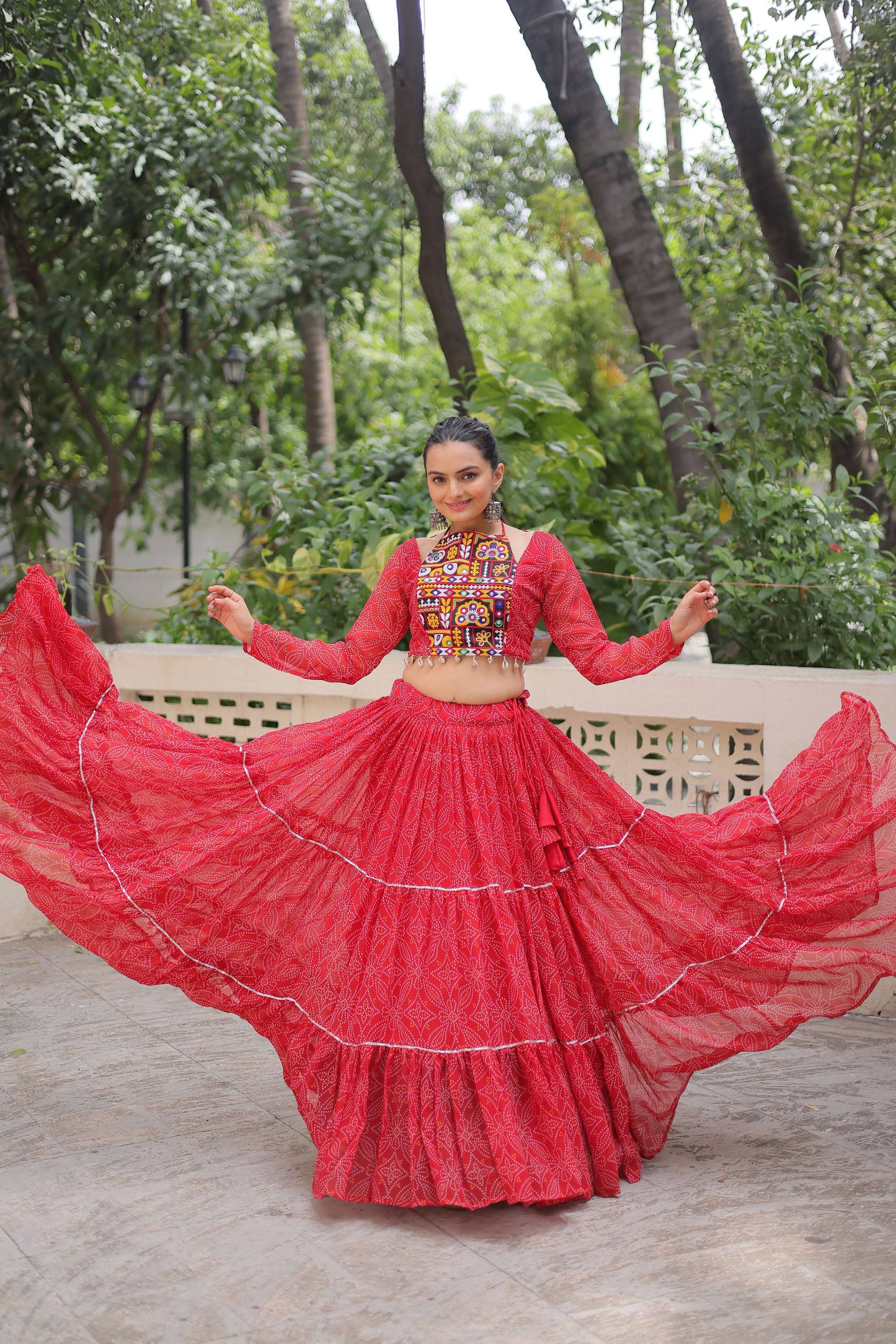 Lorenvalley Fashion Red Faux Georgette Bandhej Print with Gotta Patti Lace Work Lehenga Choli | Swadesiicart