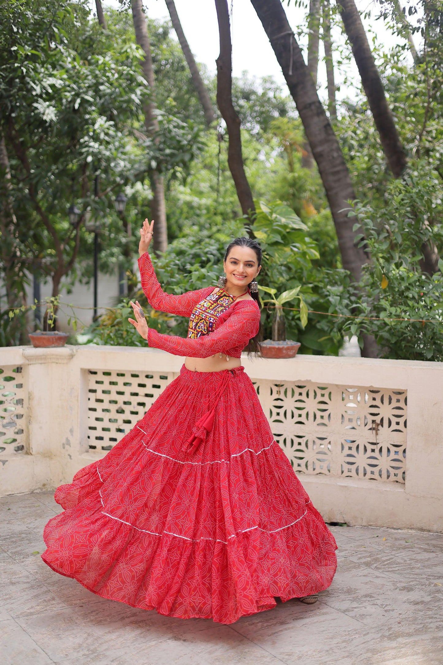 Lorenvalley Fashion Red Faux Georgette Bandhej Print with Gotta Patti Lace Work Lehenga Choli | Swadesiicart