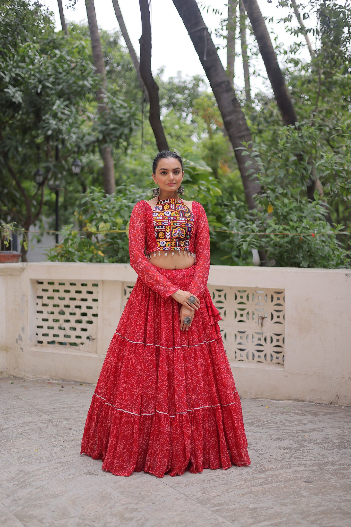 Lorenvalley Fashion Red Faux Georgette Bandhej Print with Gotta Patti Lace Work Lehenga Choli | Swadesiicart