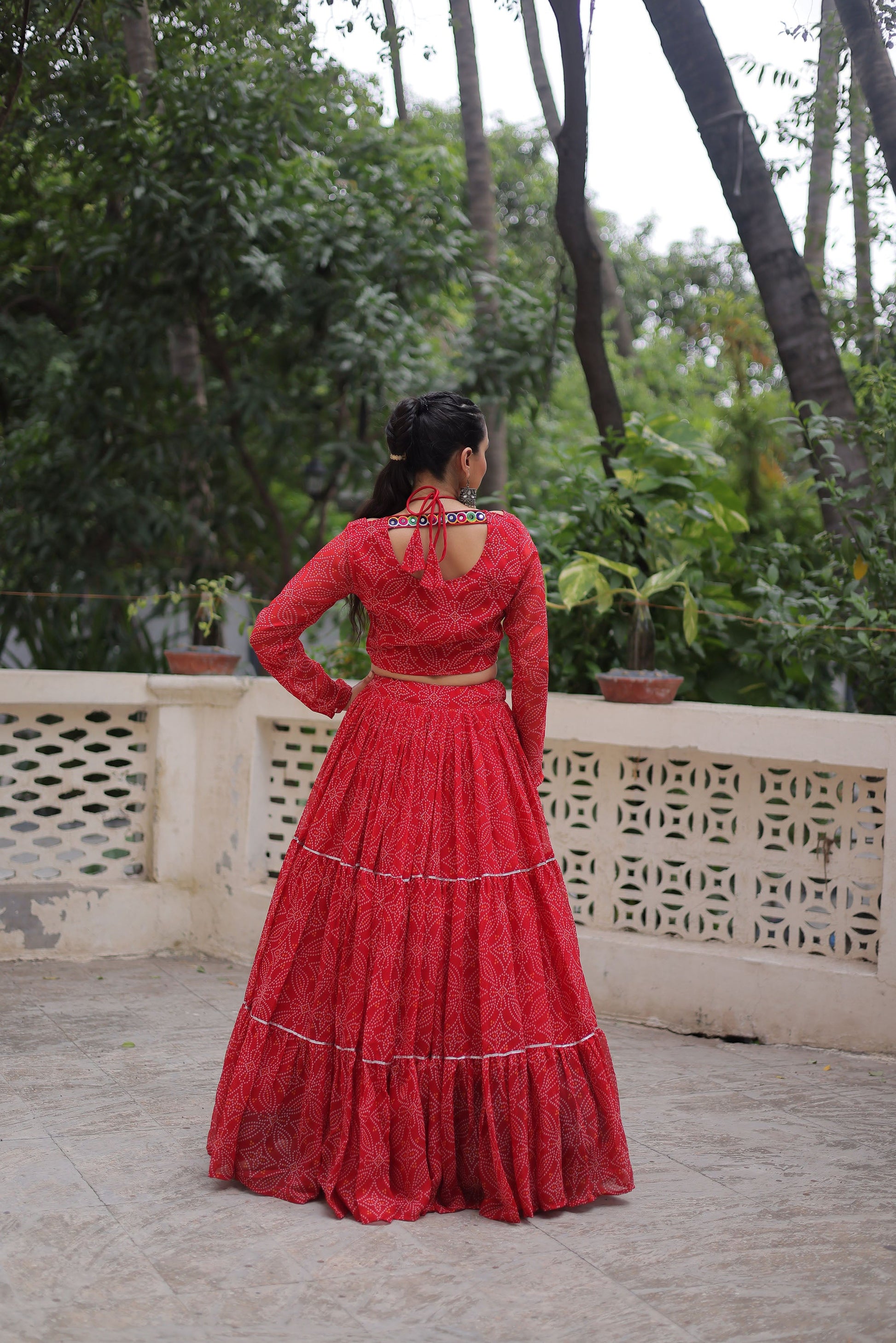Lorenvalley Fashion Red Faux Georgette Bandhej Print with Gotta Patti Lace Work Lehenga Choli | Swadesiicart