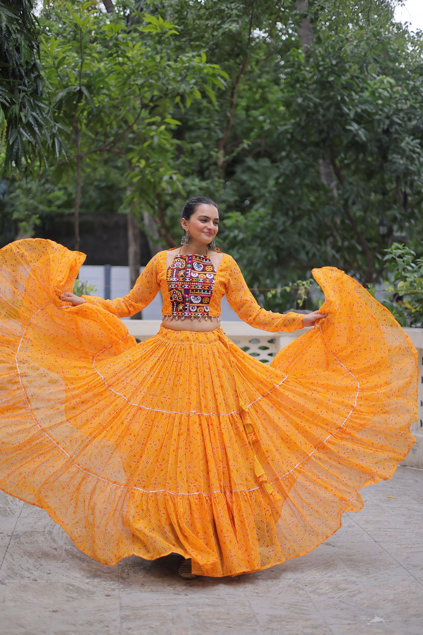Lorenvalley Fashion Yellow Faux Georgette Bandhej Print with Gotta Patti Lace Work Lehenga Choli | Swadesiicart