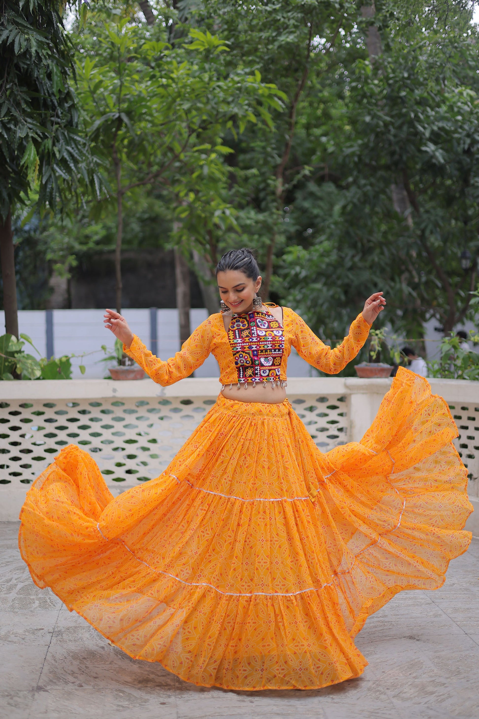Lorenvalley Fashion Yellow Faux Georgette Bandhej Print with Gotta Patti Lace Work Lehenga Choli | Swadesiicart