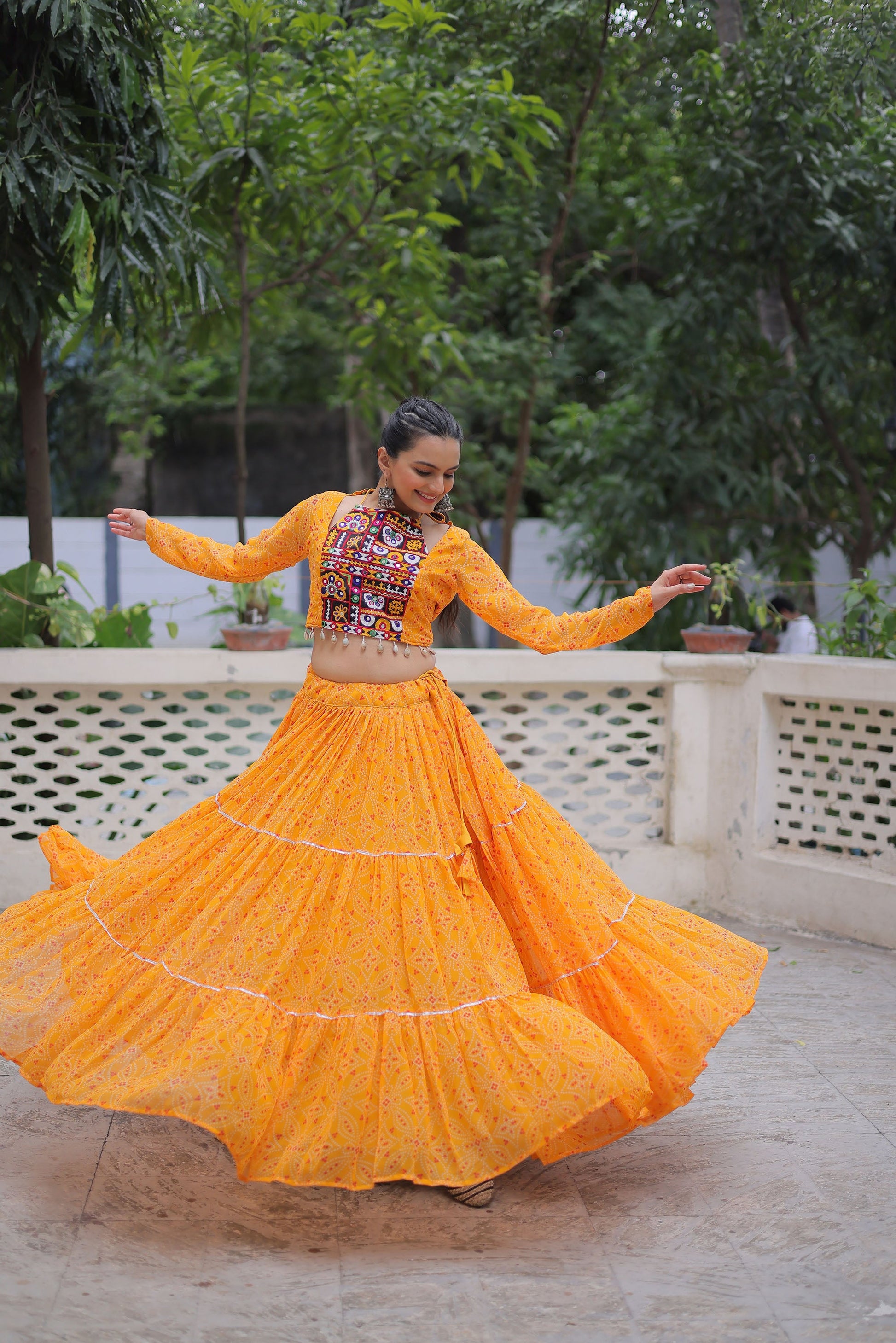 Lorenvalley Fashion Yellow Faux Georgette Bandhej Print with Gotta Patti Lace Work Lehenga Choli | Swadesiicart