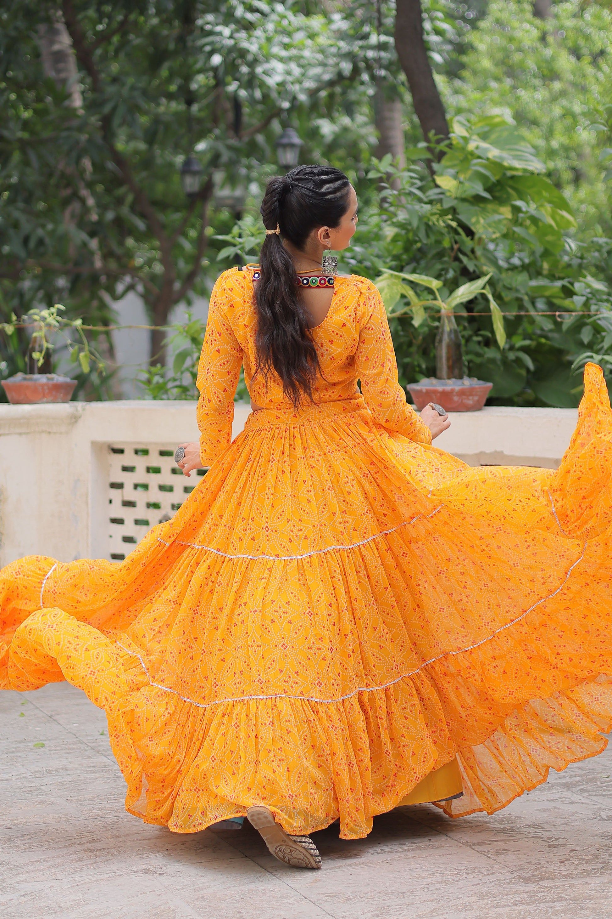 Lorenvalley Fashion Yellow Faux Georgette Bandhej Print with Gotta Patti Lace Work Lehenga Choli | Swadesiicart