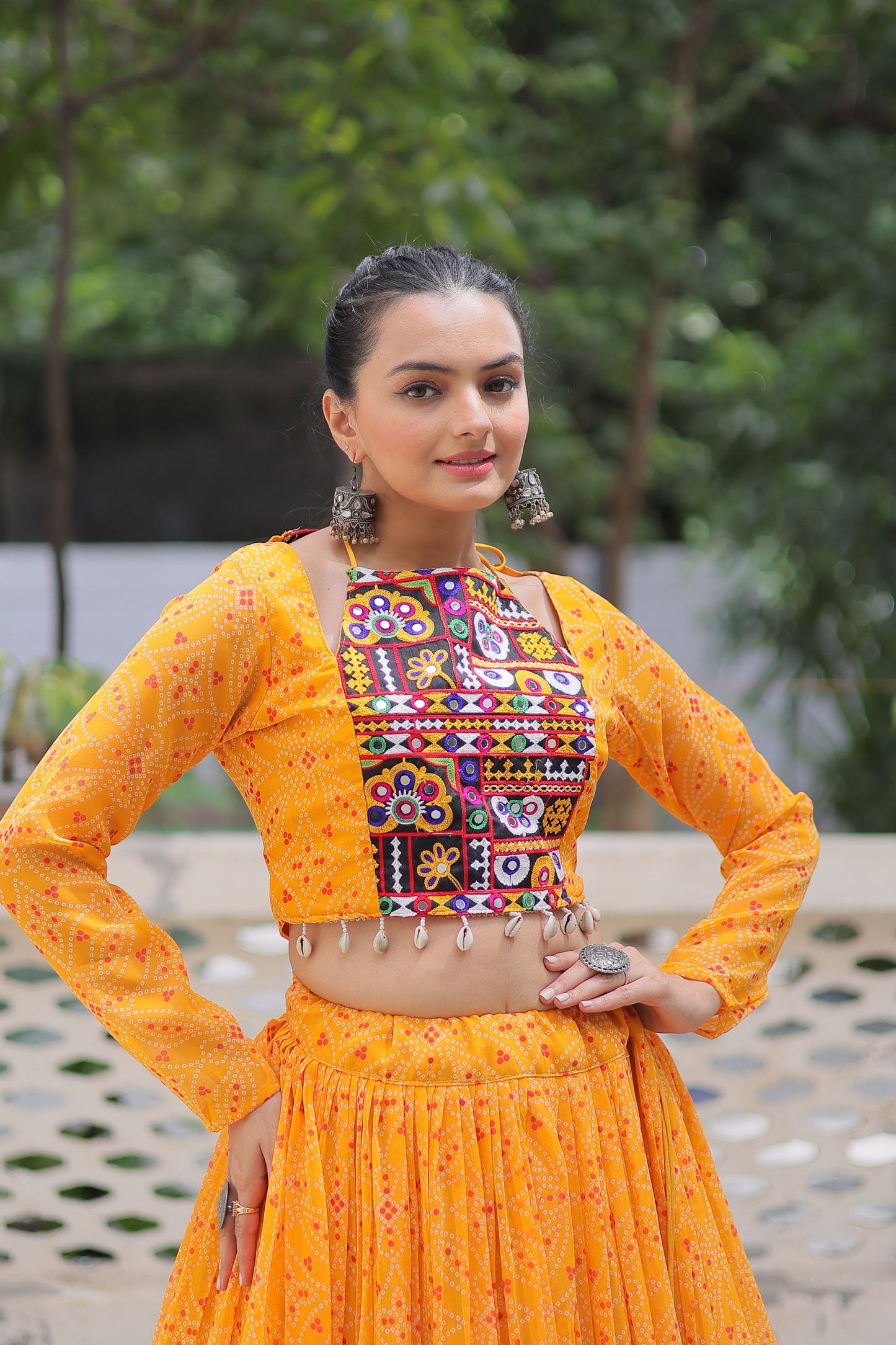 Lorenvalley Fashion Yellow Faux Georgette Bandhej Print with Gotta Patti Lace Work Lehenga Choli | Swadesiicart