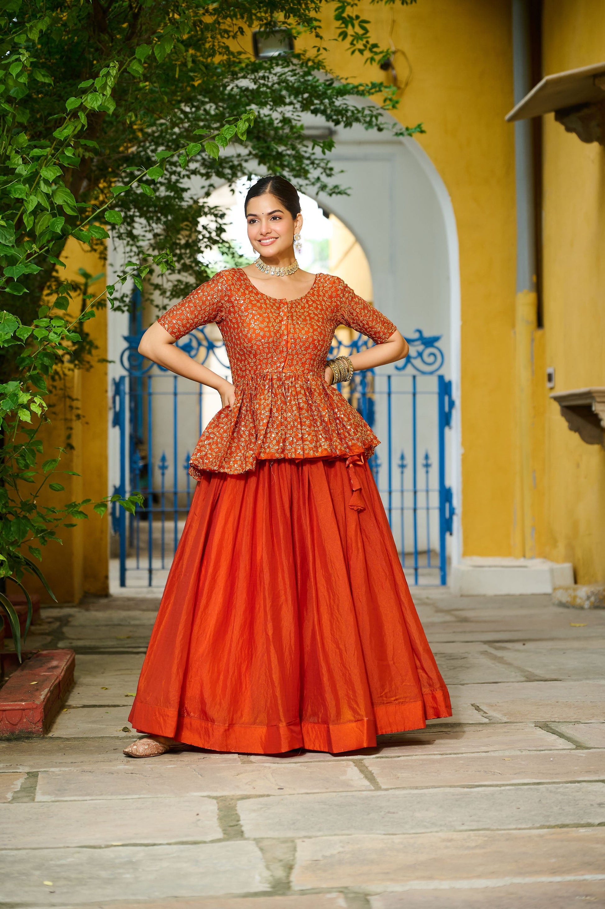 Lorenvalley Fashion Orange Fendy Silk Plain Lehenga with Embroidered work Choli | Swadesiicart