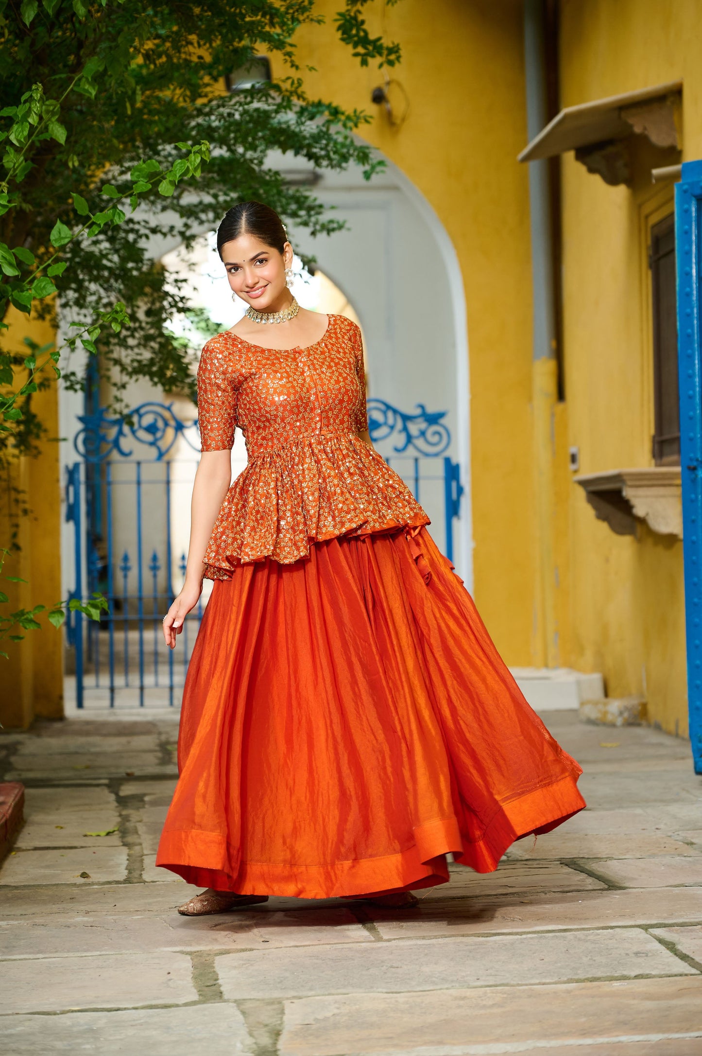 Lorenvalley Fashion Orange Fendy Silk Plain Lehenga with Embroidered work Choli | Swadesiicart