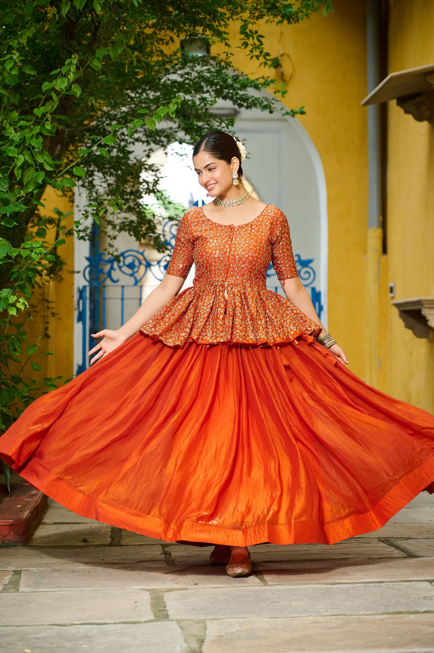 Lorenvalley Fashion Orange Fendy Silk Plain Lehenga with Embroidered work Choli | Swadesiicart