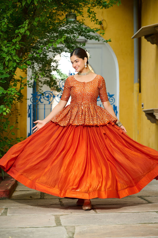 Lorenvalley Fashion Orange Fendy Silk Plain Lehenga with Embroidered work Choli | Swadesiicart