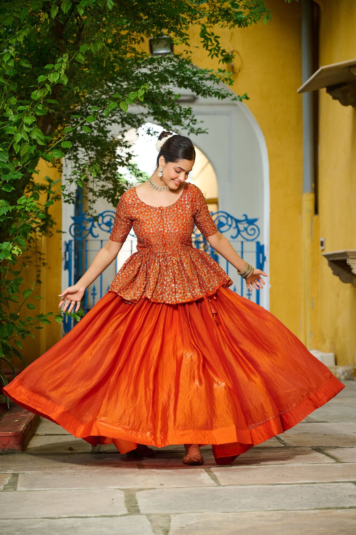 Lorenvalley Fashion Orange Fendy Silk Plain Lehenga with Embroidered work Choli | Swadesiicart