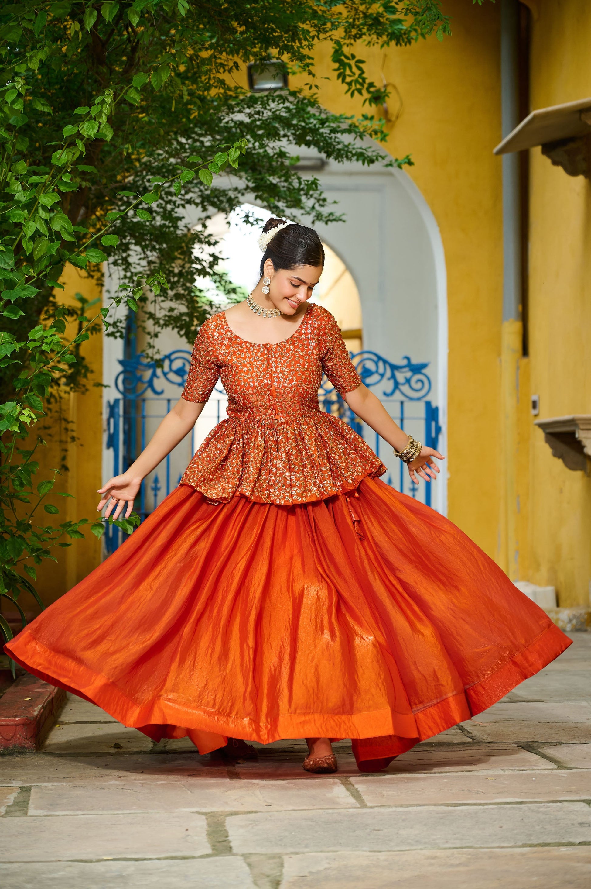 Lorenvalley Fashion Orange Fendy Silk Plain Lehenga with Embroidered work Choli | Swadesiicart