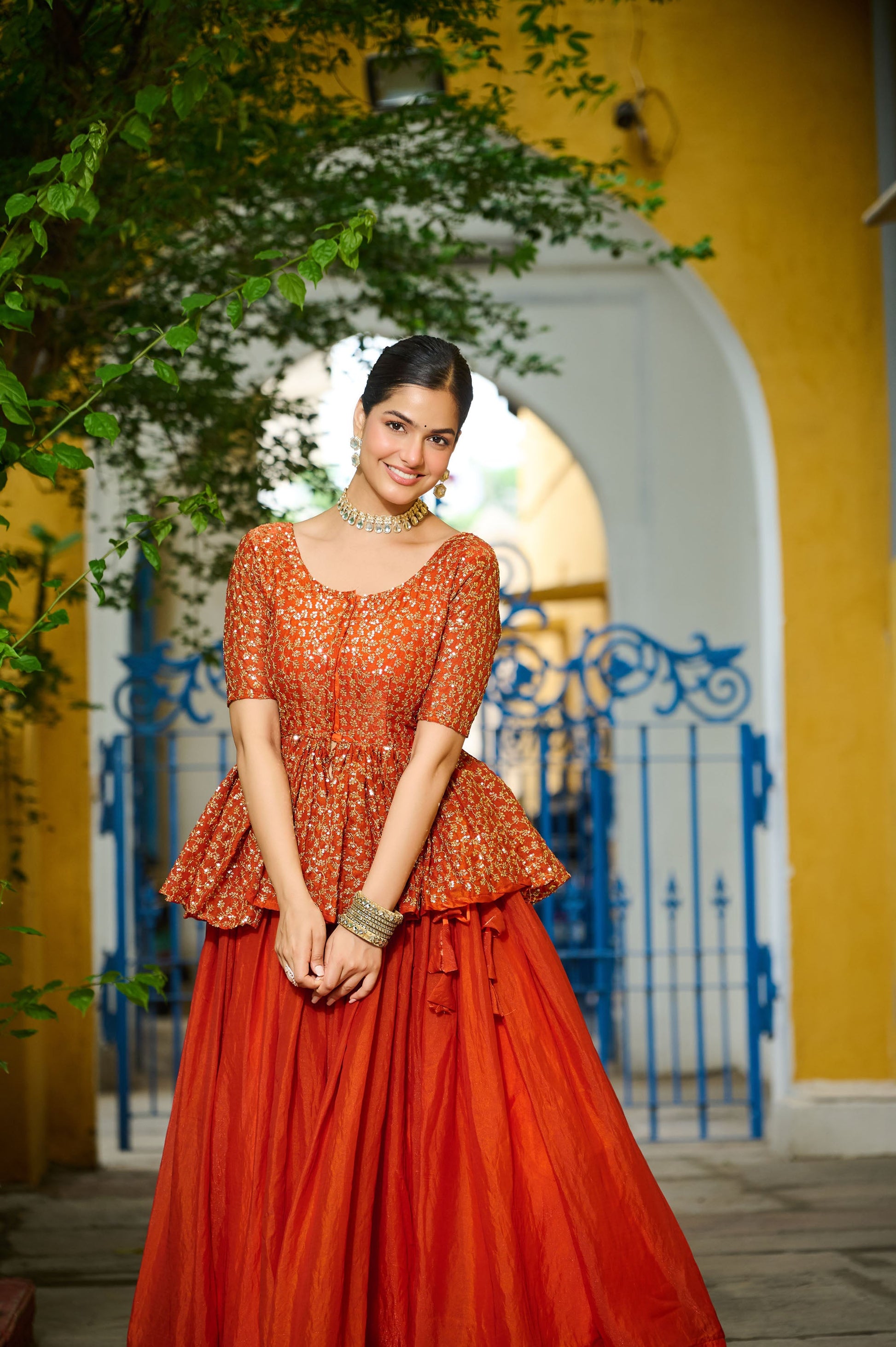 Lorenvalley Fashion Orange Fendy Silk Plain Lehenga with Embroidered work Choli | Swadesiicart