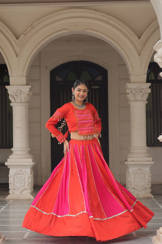 Lorenvalley Fashion Multicolor Roman Silk with attractive combination of Mirror lace embellished work Lehenga Choli | Swadesiicart