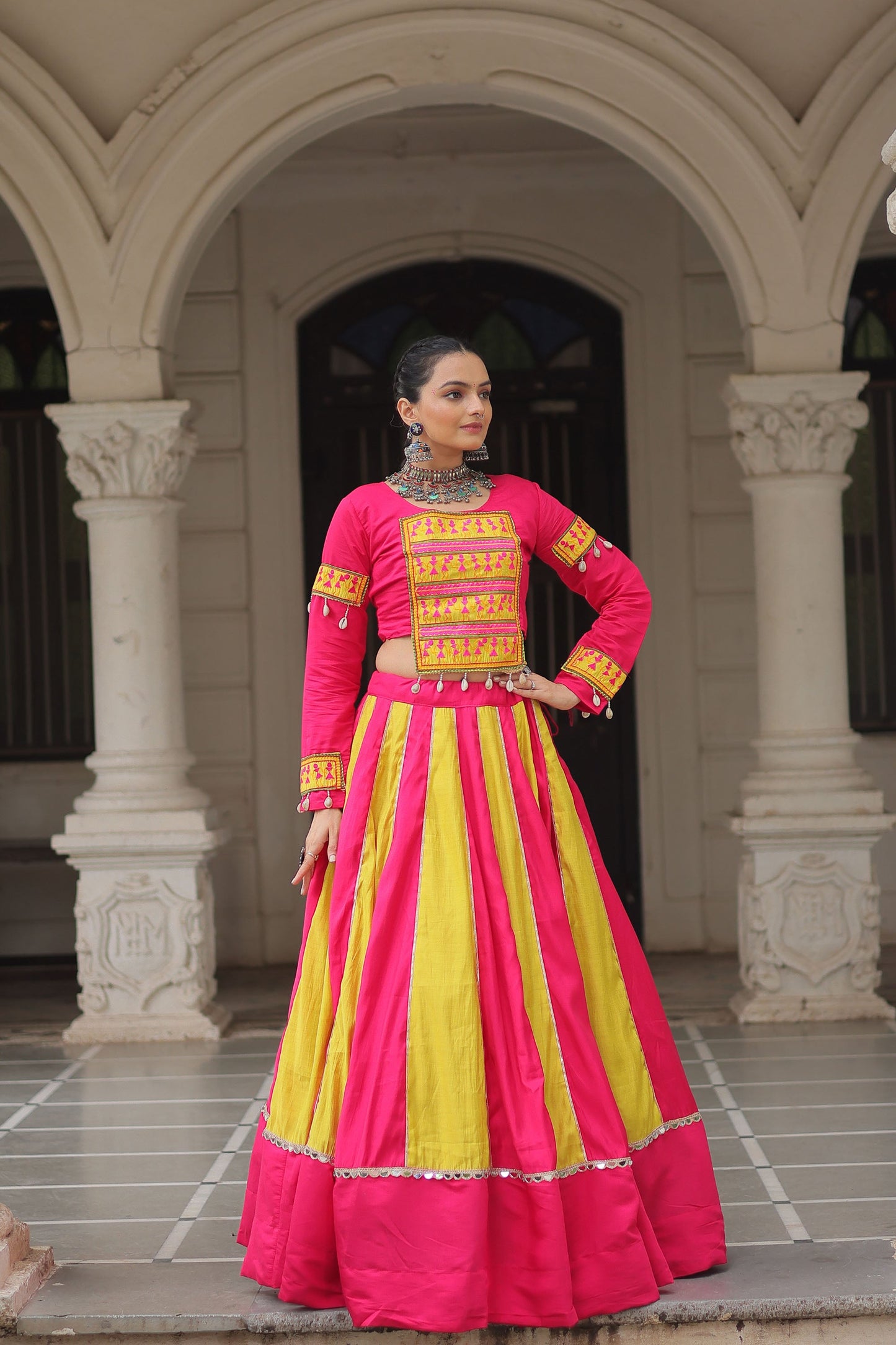 Lorenvalley Fashion Multicolor Roman Silk with attractive combination of Mirror lace embellished work Lehenga Choli | Swadesiicart