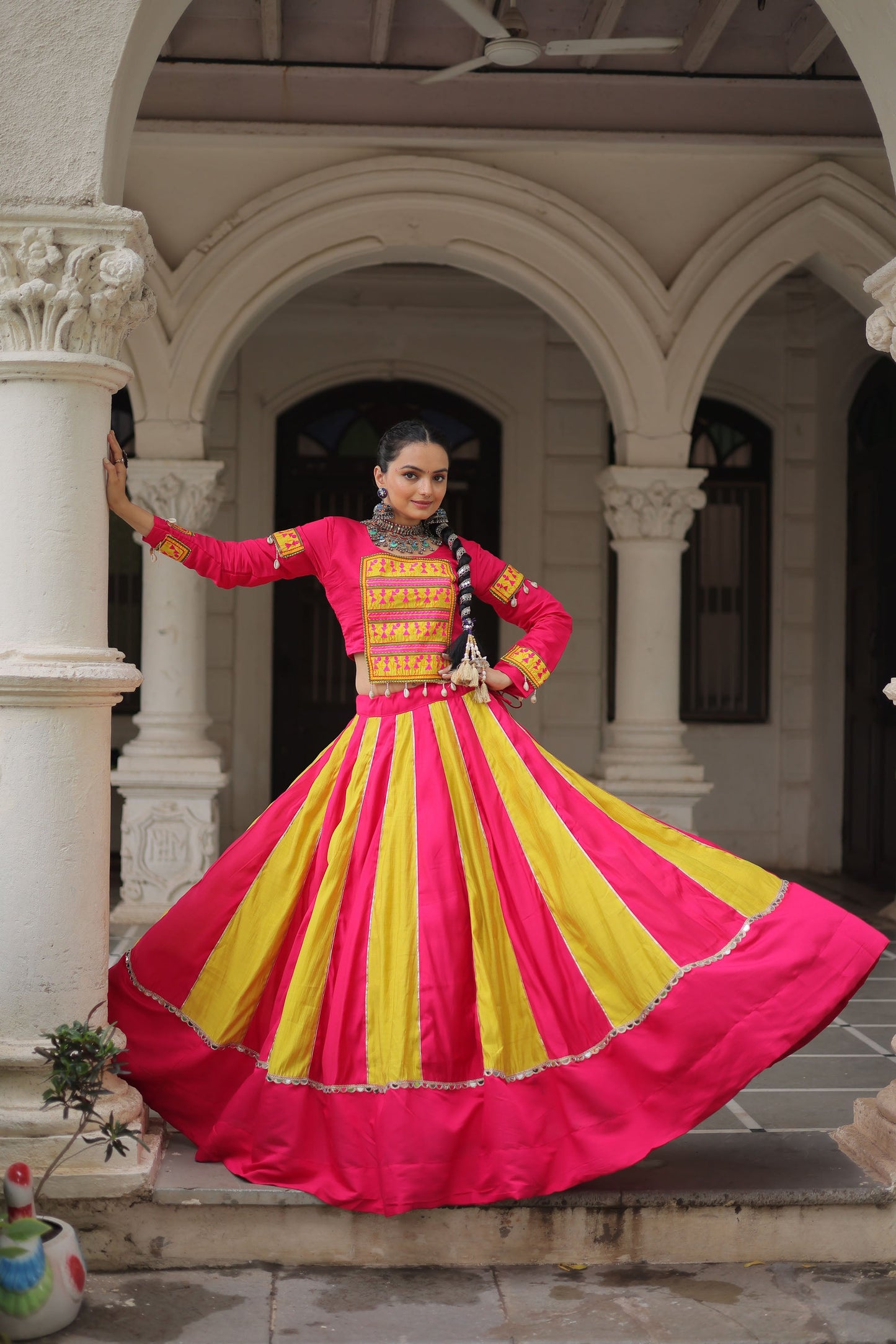 Lorenvalley Fashion Multicolor Roman Silk with attractive combination of Mirror lace embellished work Lehenga Choli | Swadesiicart