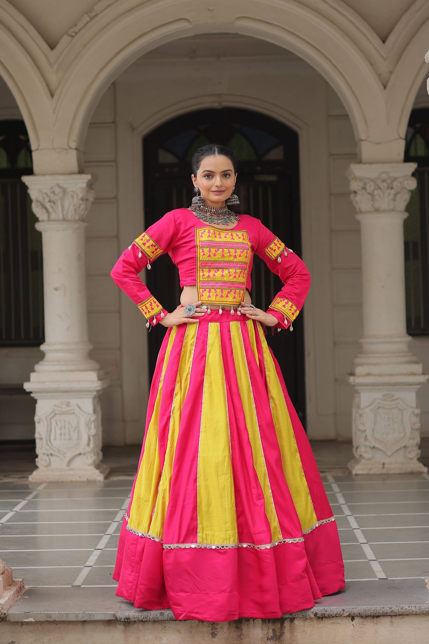 Lorenvalley Fashion Multicolor Roman Silk with attractive combination of Mirror lace embellished work Lehenga Choli | Swadesiicart