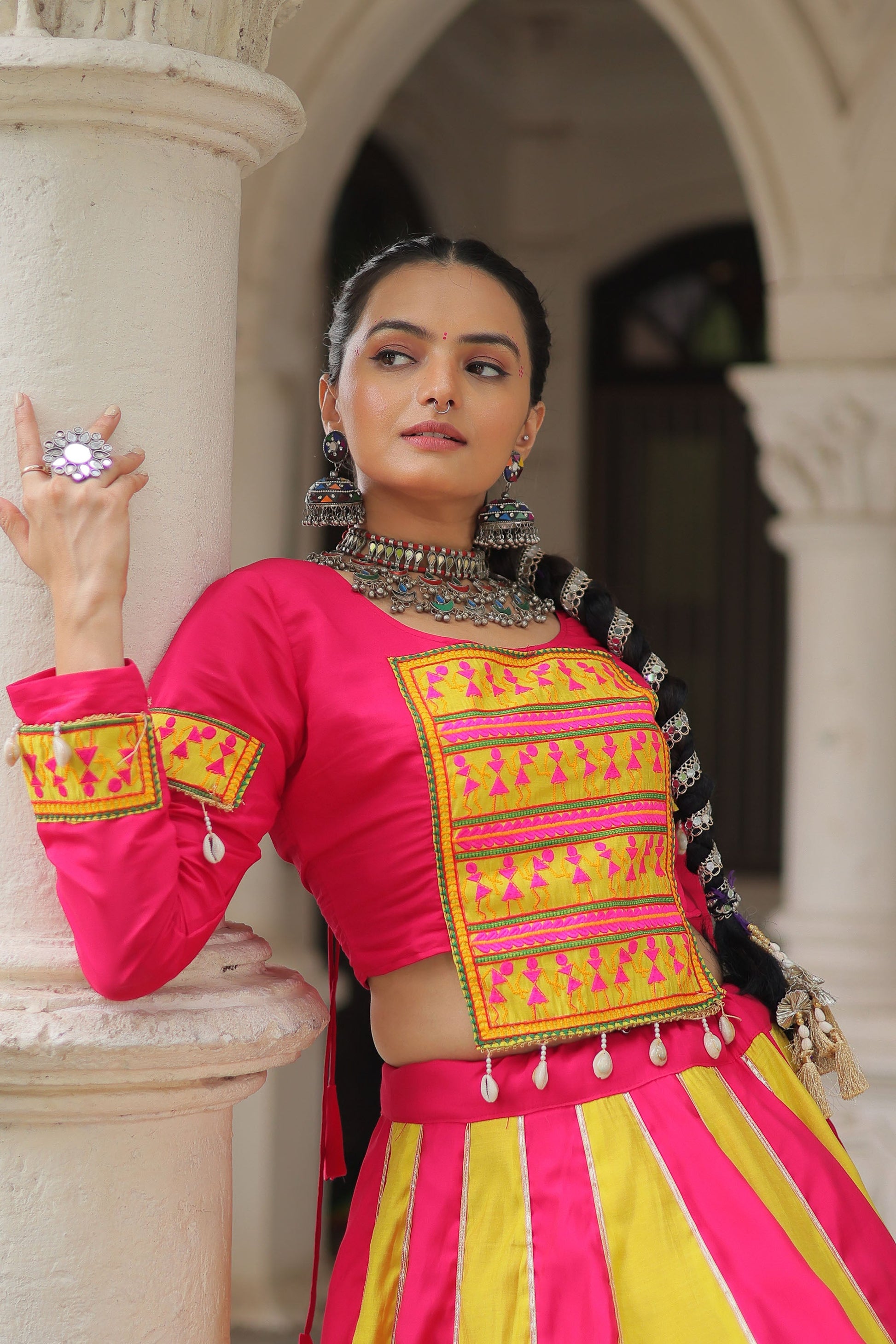 Lorenvalley Fashion Multicolor Roman Silk with attractive combination of Mirror lace embellished work Lehenga Choli | Swadesiicart