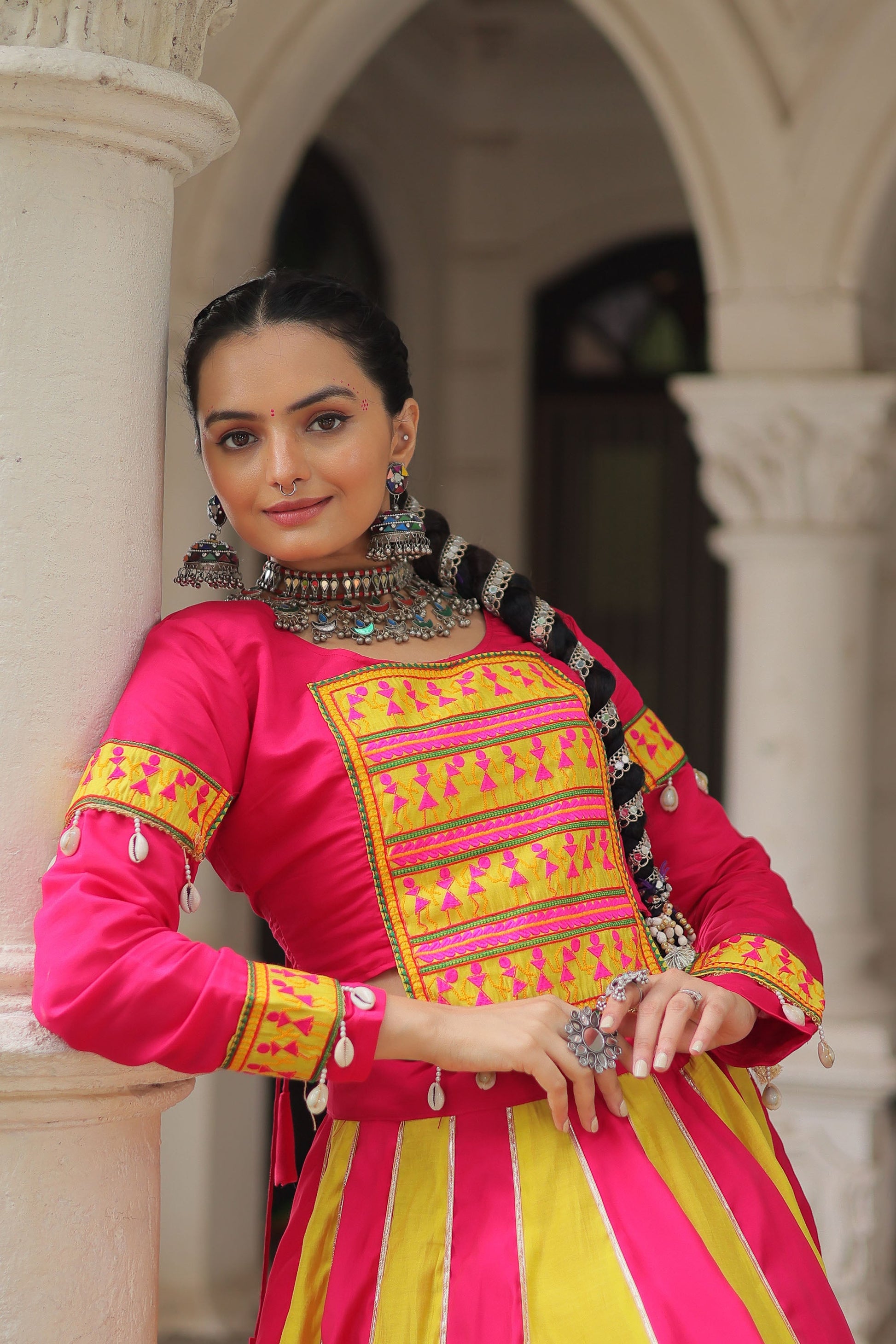 Lorenvalley Fashion Multicolor Roman Silk with attractive combination of Mirror lace embellished work Lehenga Choli | Swadesiicart