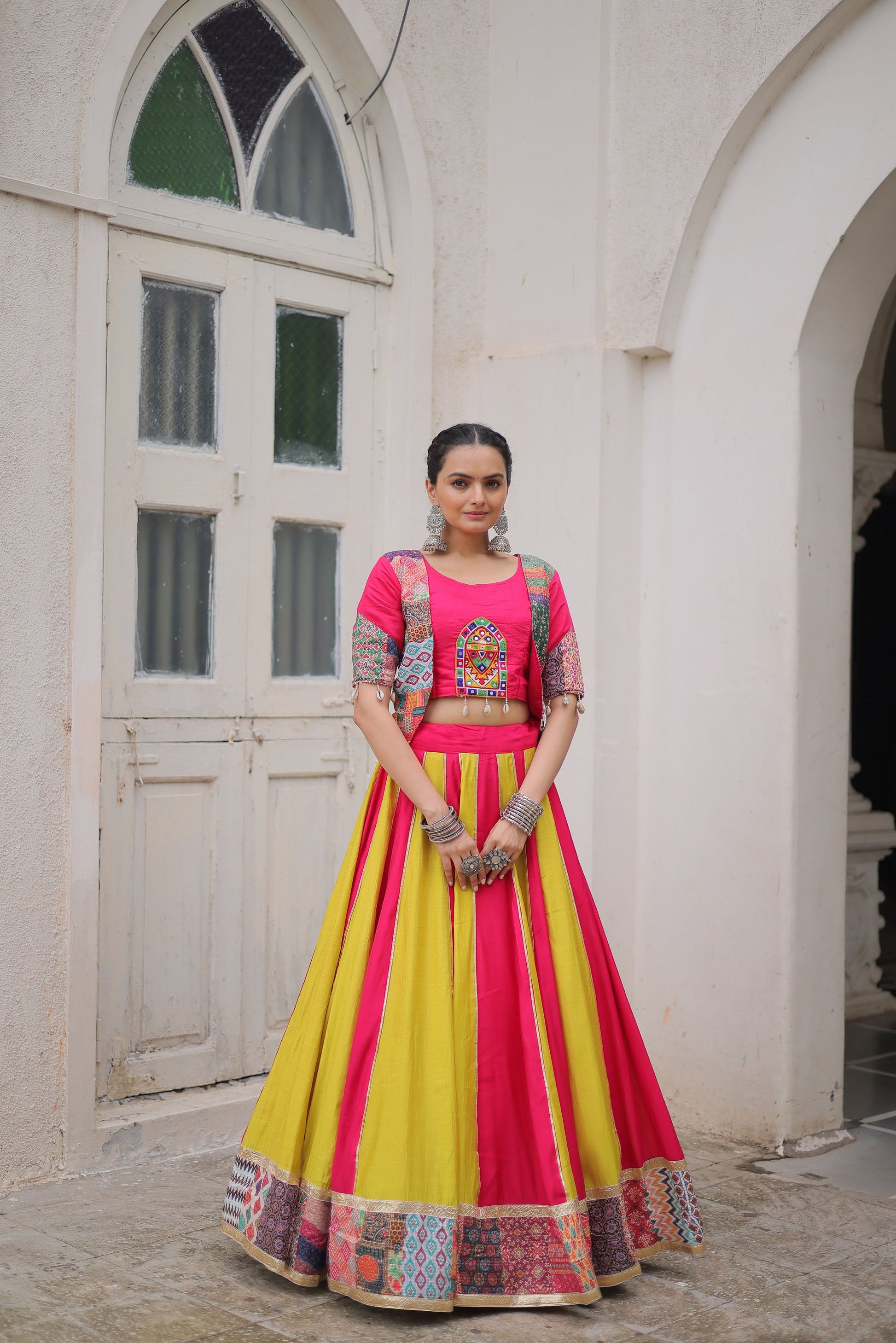 Lorenvalley Fashion Multicolor Roman Silk with attractive Maslin Crochet Print & Gotta lace embellished work Lehenga Choli | Swadesiicart