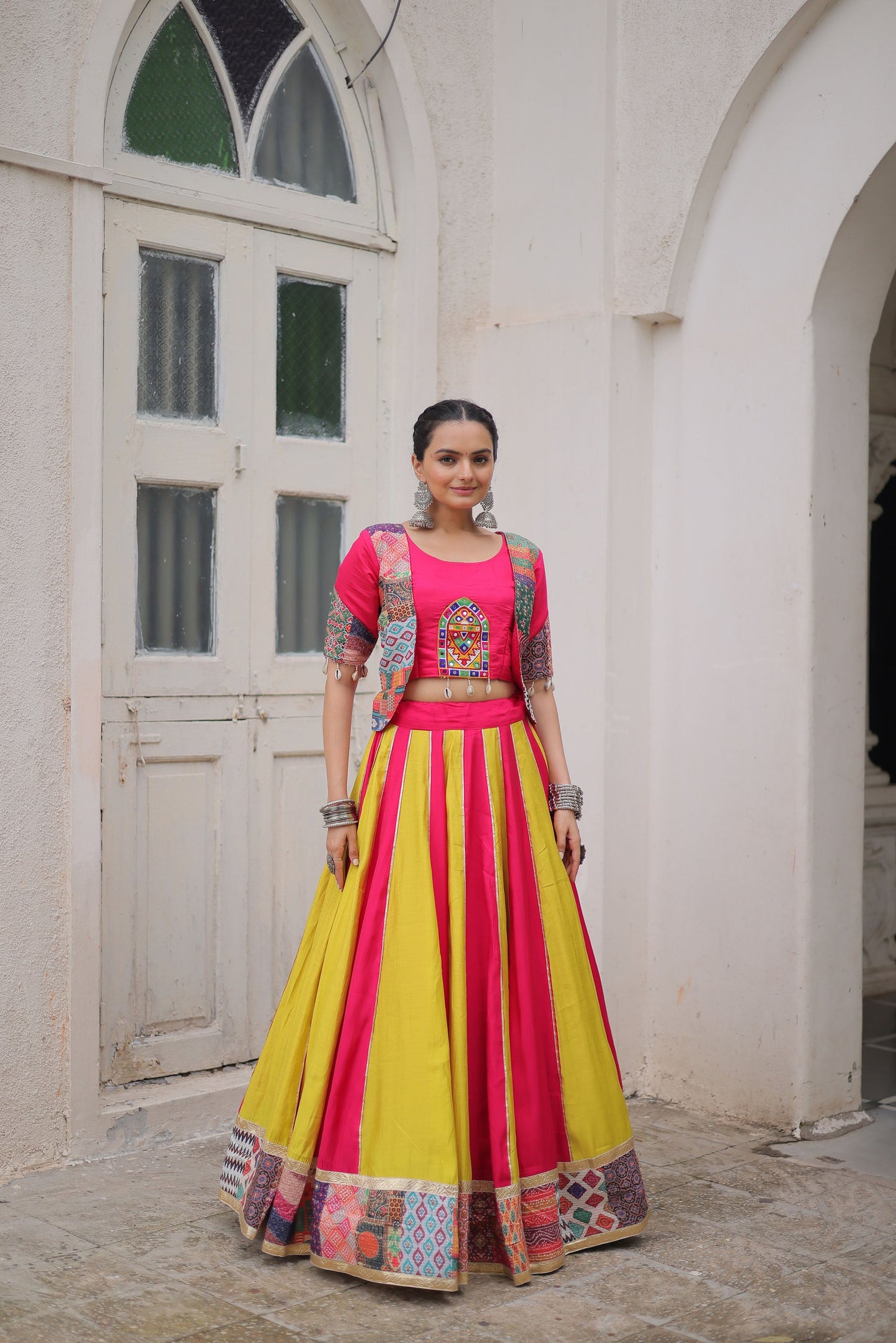 Lorenvalley Fashion Multicolor Roman Silk with attractive Maslin Crochet Print & Gotta lace embellished work Lehenga Choli | Swadesiicart