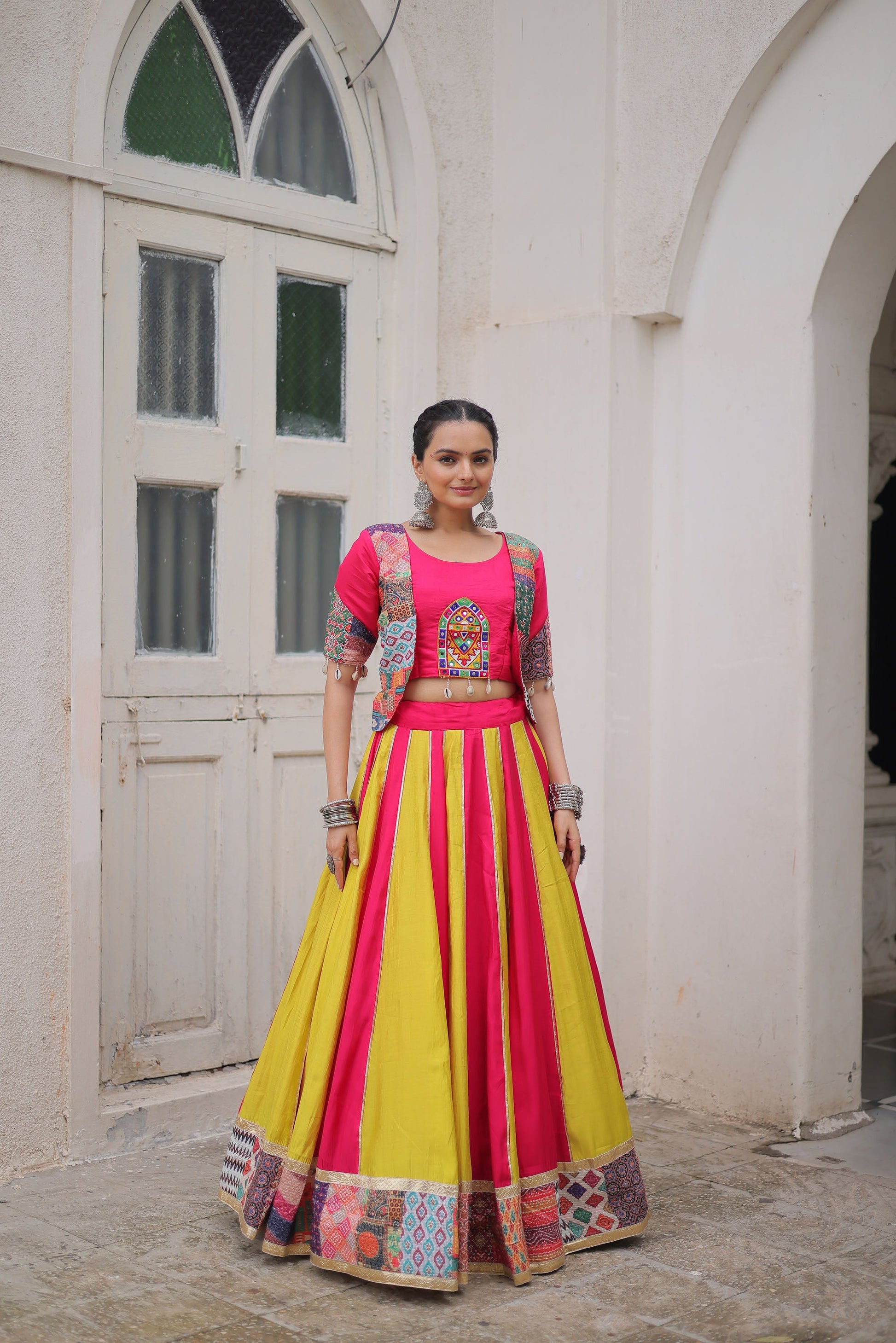 Lorenvalley Fashion Multicolor Roman Silk with attractive Maslin Crochet Print & Gotta lace embellished work Lehenga Choli | Swadesiicart