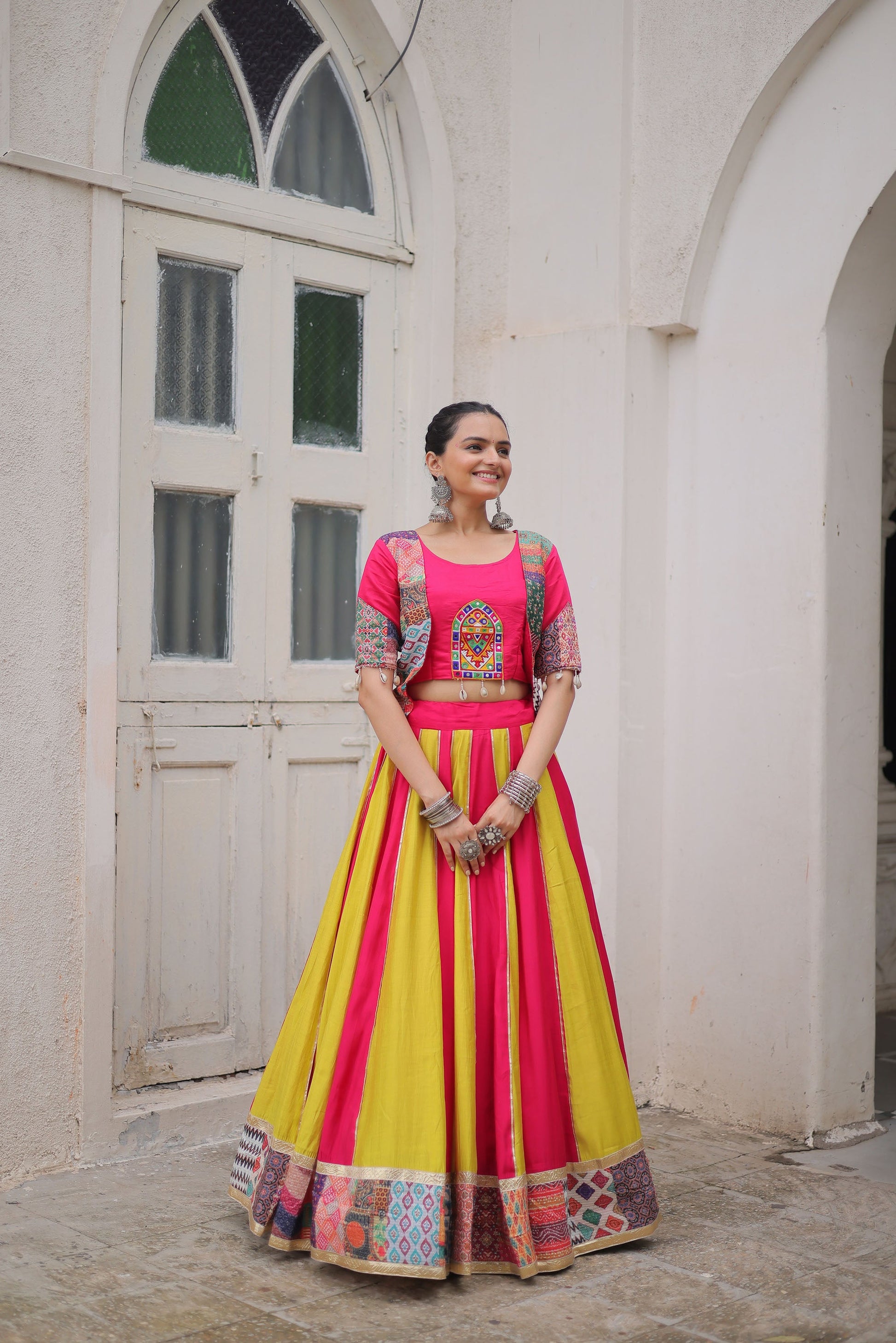Lorenvalley Fashion Multicolor Roman Silk with attractive Maslin Crochet Print & Gotta lace embellished work Lehenga Choli | Swadesiicart