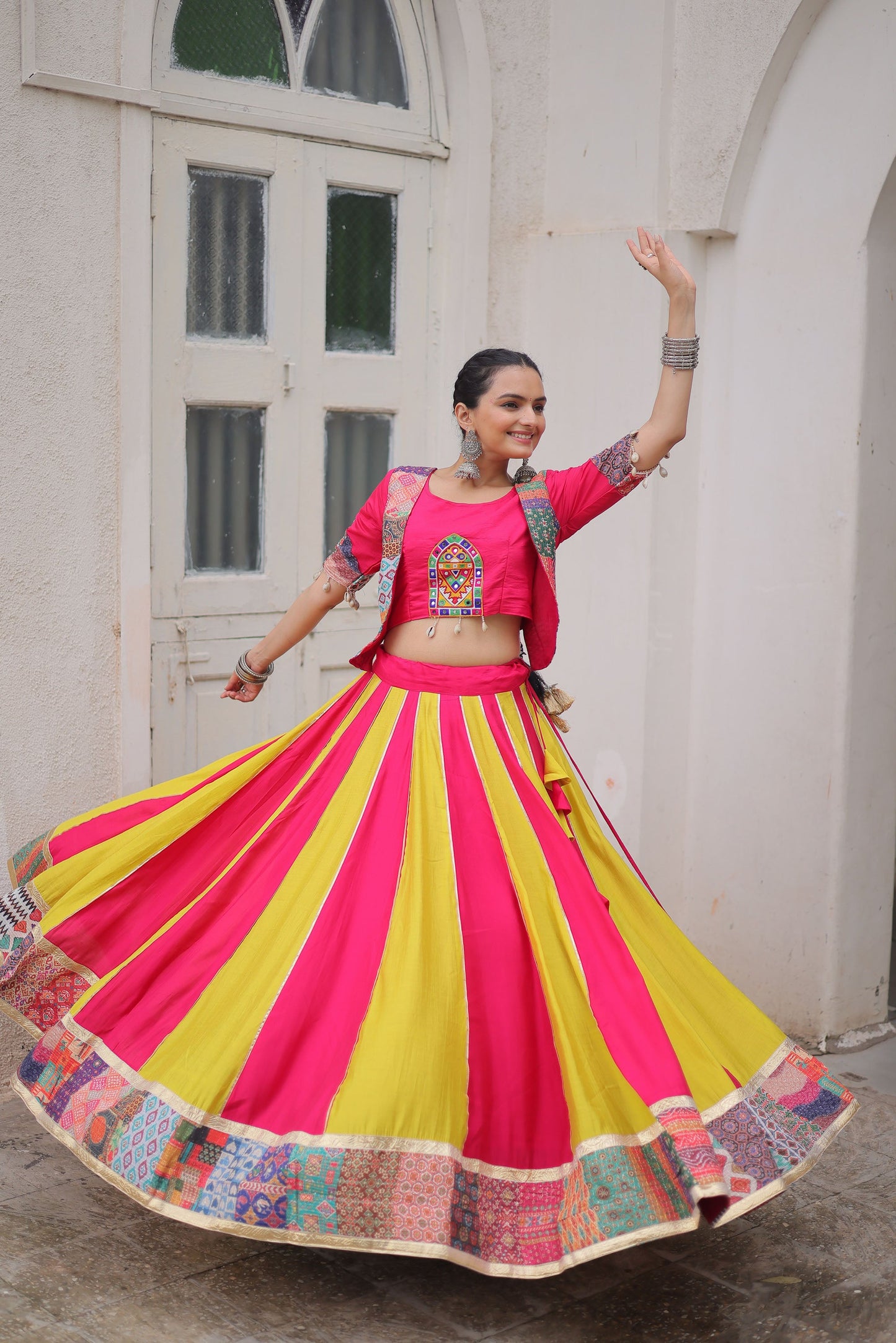 Lorenvalley Fashion Multicolor Roman Silk with attractive Maslin Crochet Print & Gotta lace embellished work Lehenga Choli | Swadesiicart