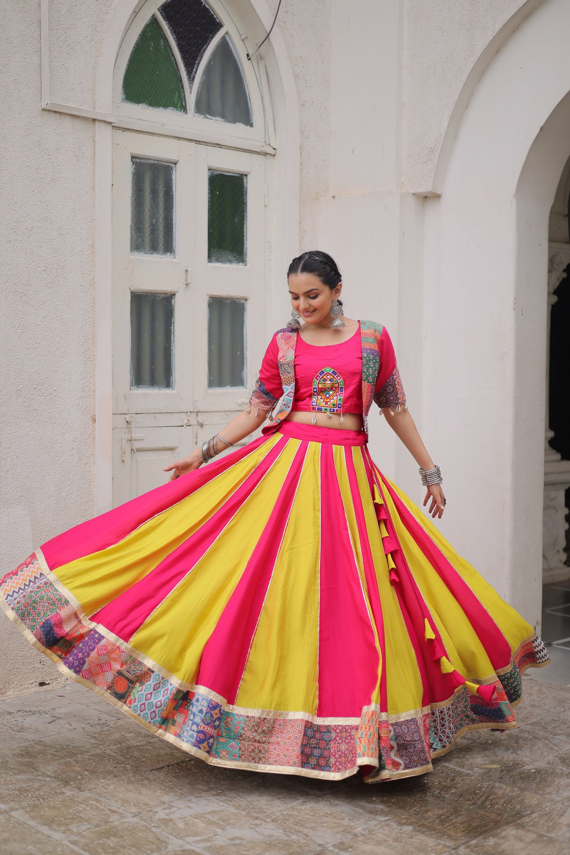 Lorenvalley Fashion Multicolor Roman Silk with attractive Maslin Crochet Print & Gotta lace embellished work Lehenga Choli | Swadesiicart