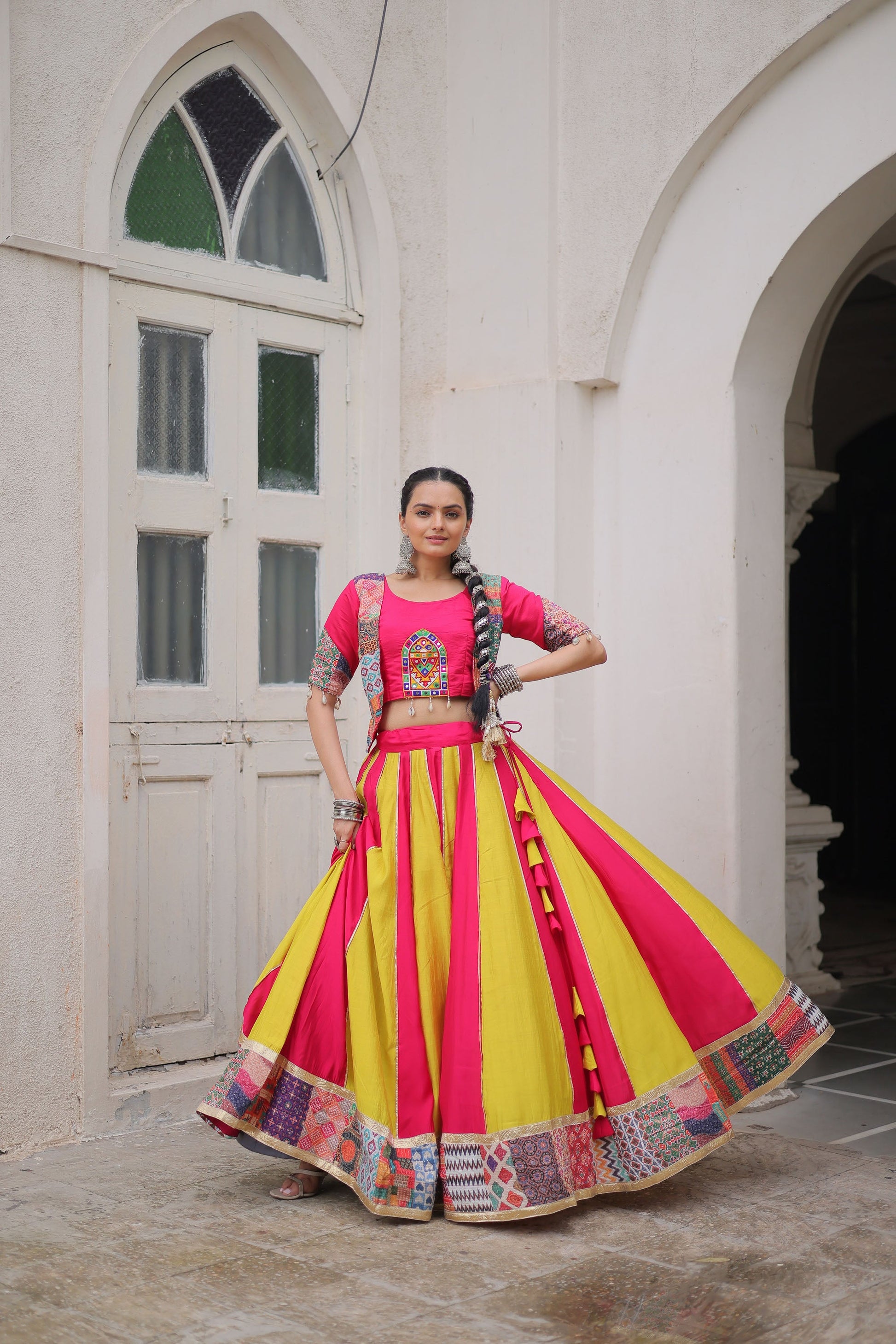 Lorenvalley Fashion Multicolor Roman Silk with attractive Maslin Crochet Print & Gotta lace embellished work Lehenga Choli | Swadesiicart