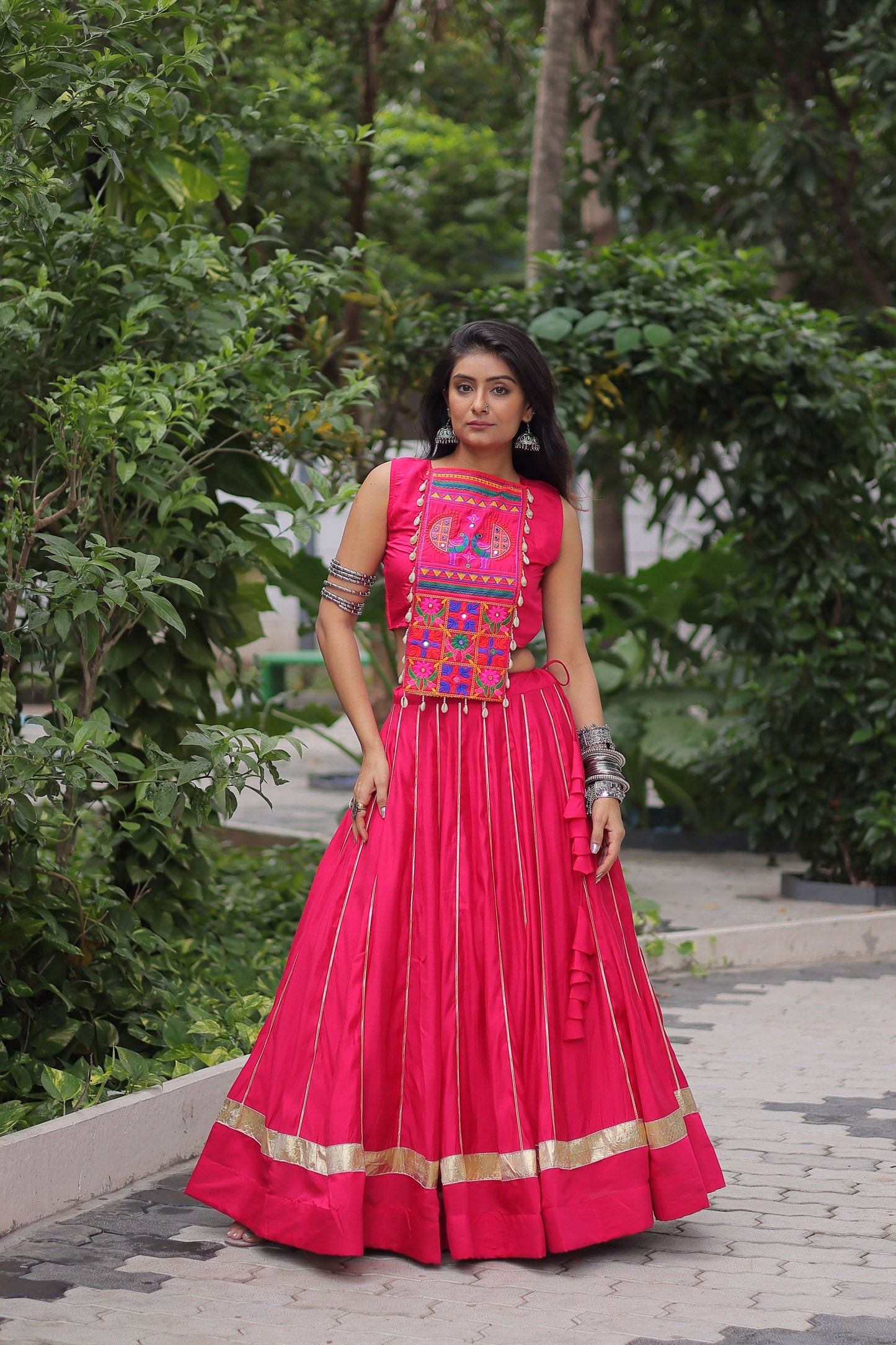 Lorenvalley Fashion Pink Roman Silk with Attractive Gota-Patti Lace Lehenga Choli | Swadesiicart