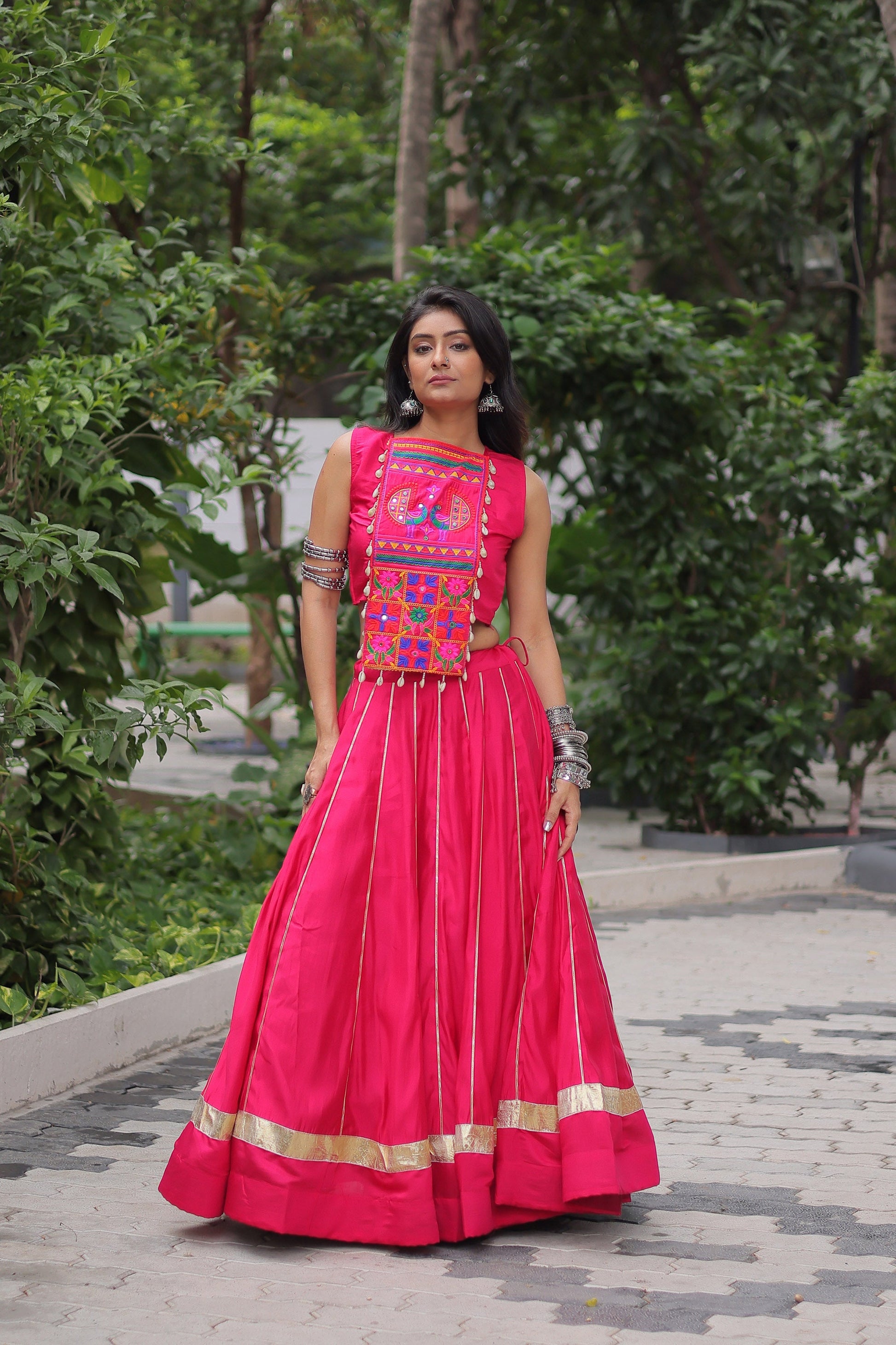 Lorenvalley Fashion Pink Roman Silk with Attractive Gota-Patti Lace Lehenga Choli | Swadesiicart