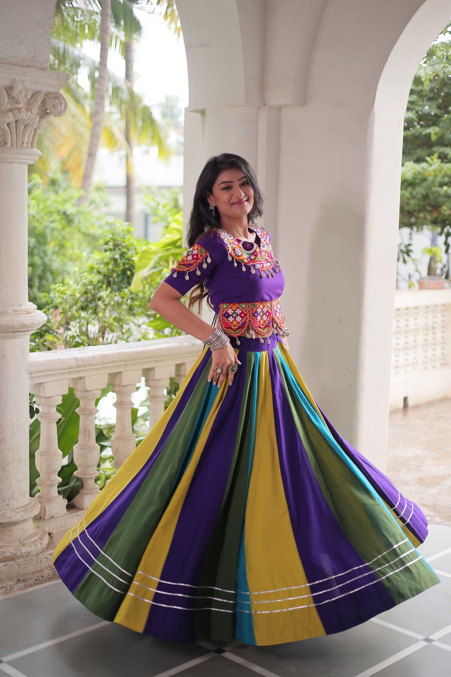 Lorenvalley Fashion Multicolor Roman Silk with Attractive Colour Combination Roman Fabric Gota Lace work Lehenga Choli | Swadesiicart